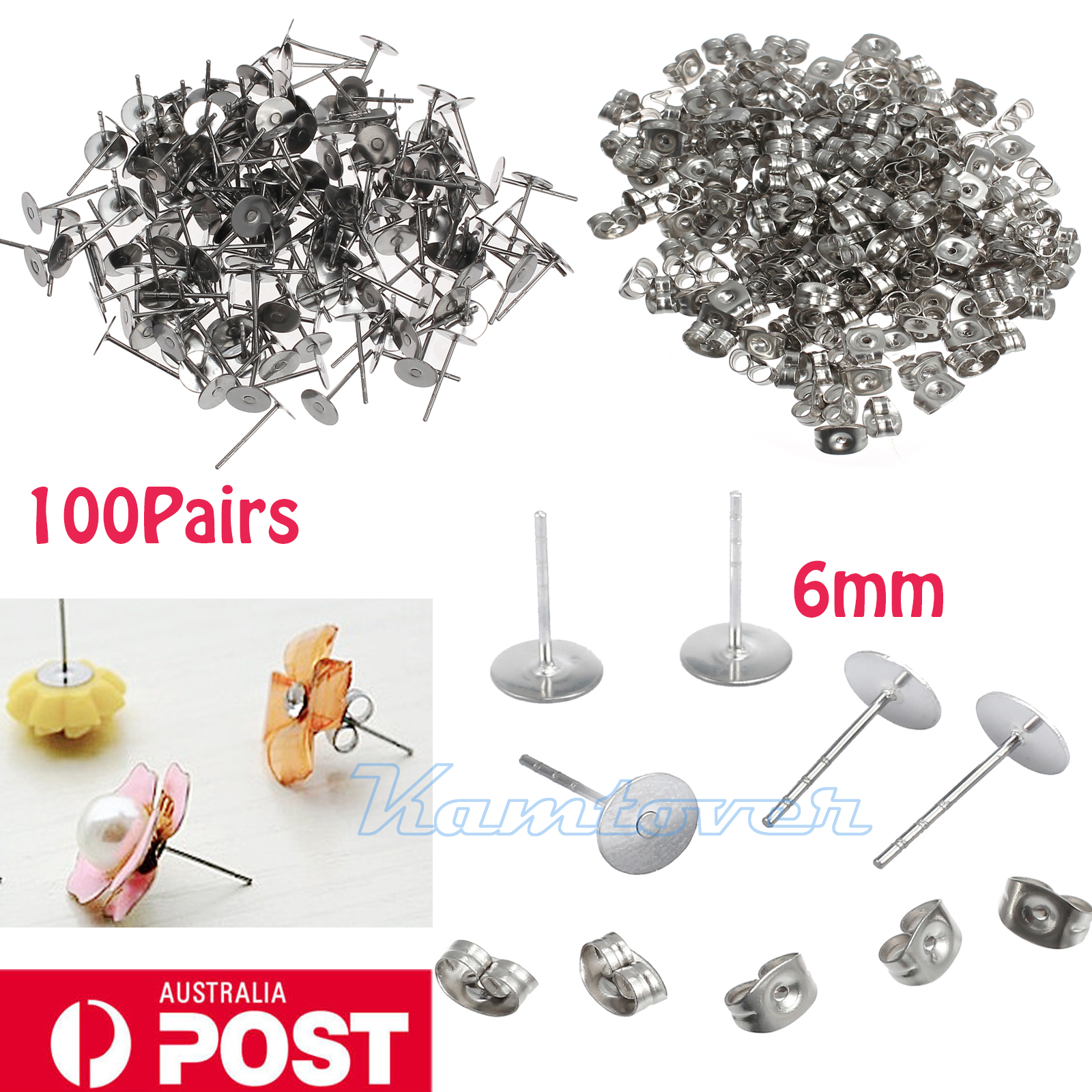 200pcs Earring Stud Posts 6mm Pads and backs Hypoallergenic Surgical ...