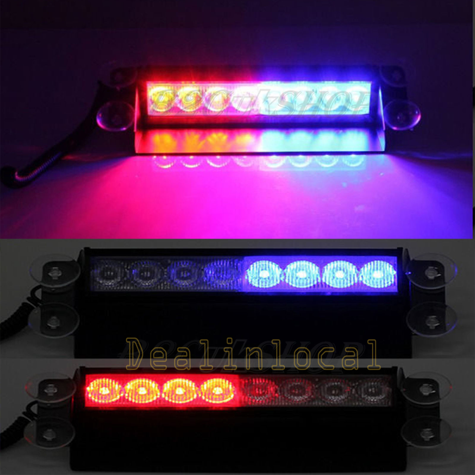 8 LED Red/Blue 3 Modes Car Strobe Flash Lamp Flashing Dash Emergency