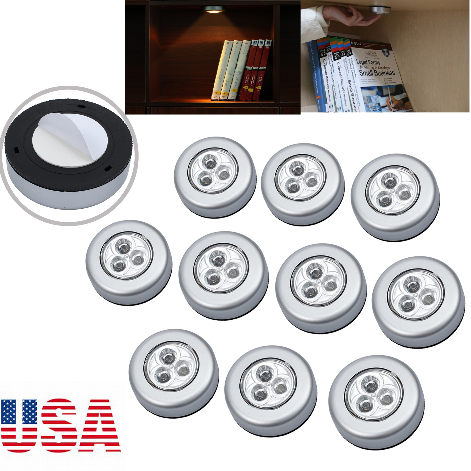 10 Pcs 3 LED Touch Push On/Off Light Self-stick On Click Battery ...