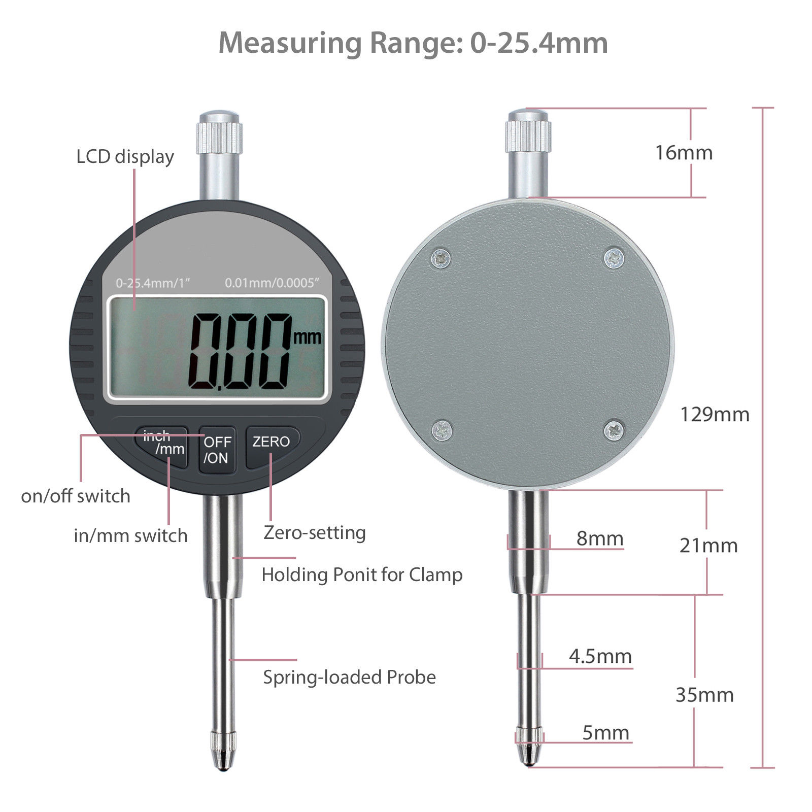 Digital Dial Test Indicator Gauge 0.01mm/.0005'' Measure Range 025.4mm