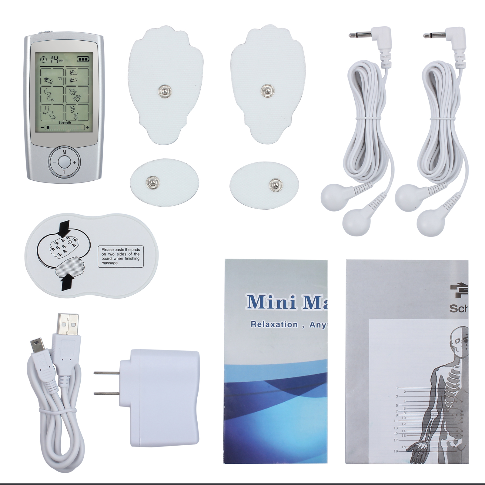 2x pad 2x Small pad 1x Pad storage board 1x Electrode wires 1x USB cable 1x AC adapter 1x Instruction manual 1x Acupuncture placement point chart