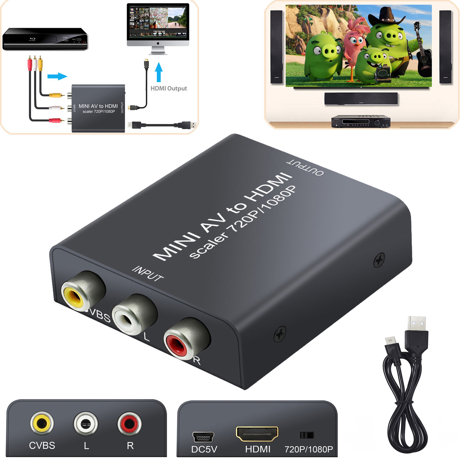 Mini Composite AV CVBS 3RCA zu HDMI Video Converter Adapter 720p 1080p White
