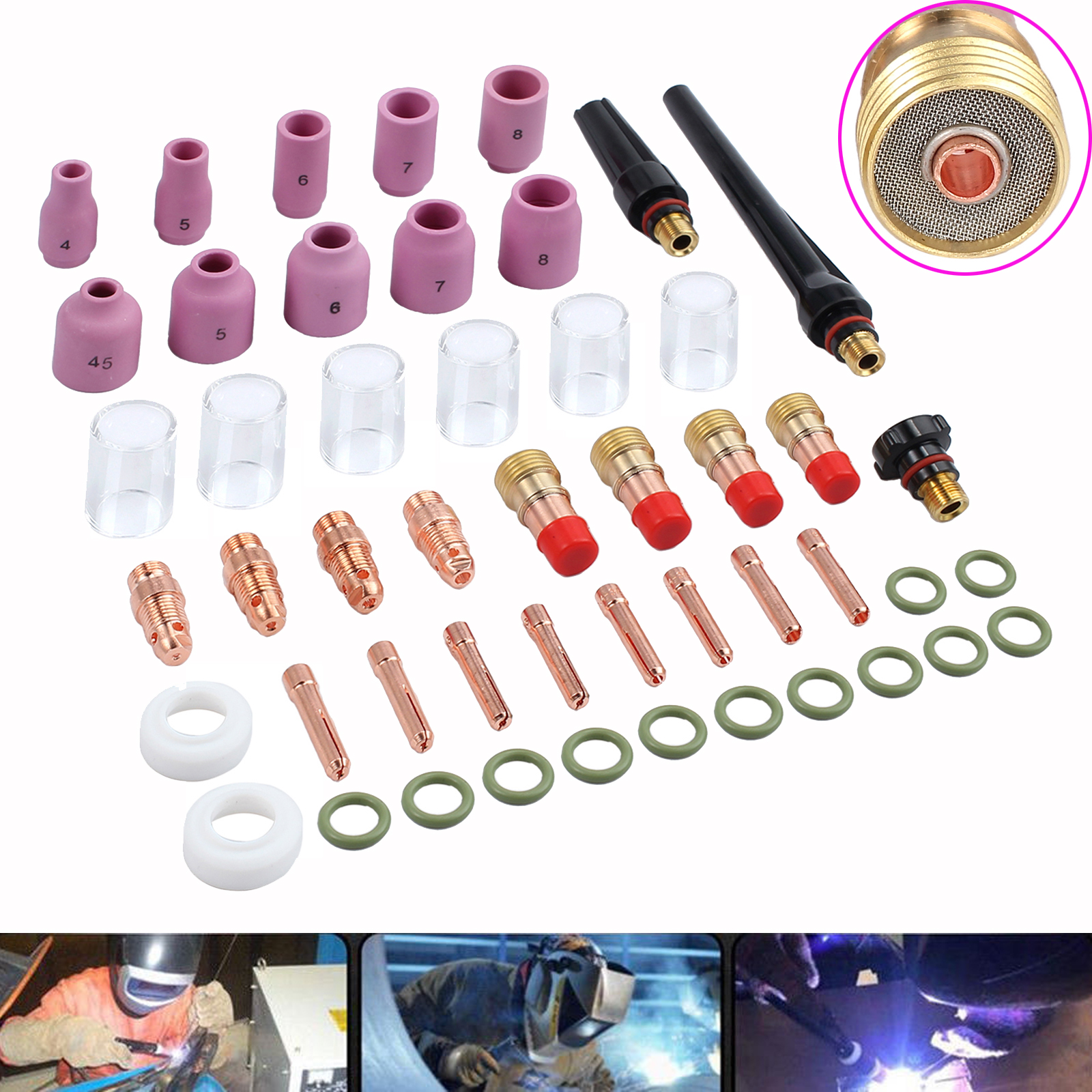 49PCS TIG Welding Torch Stubby Gas Lens #10 Pyrex Glass Cup Kit For WP-17//18//26