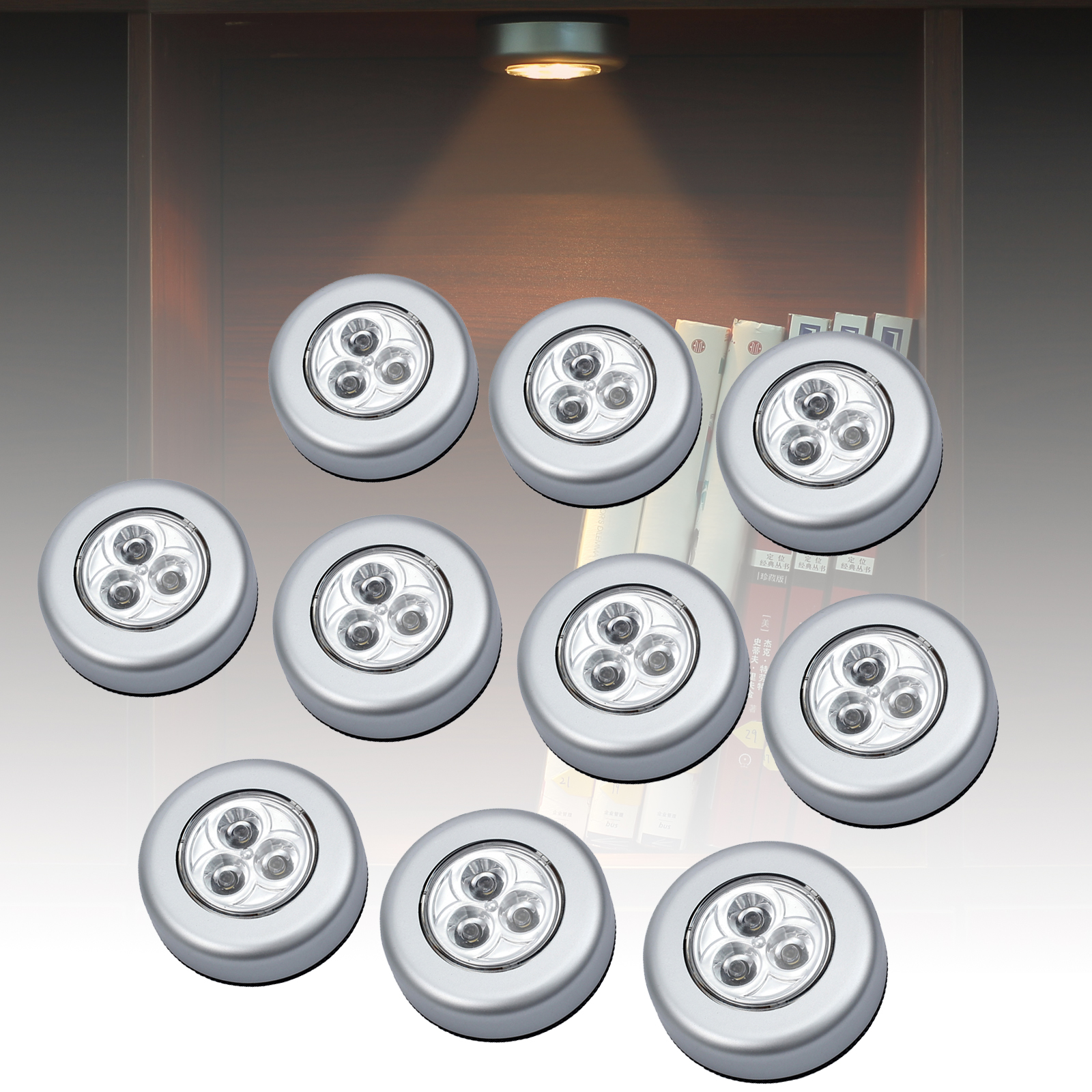 10x Touch Push ON/OFF 3LED Warm White LAMPS Battery Operated SelfStick