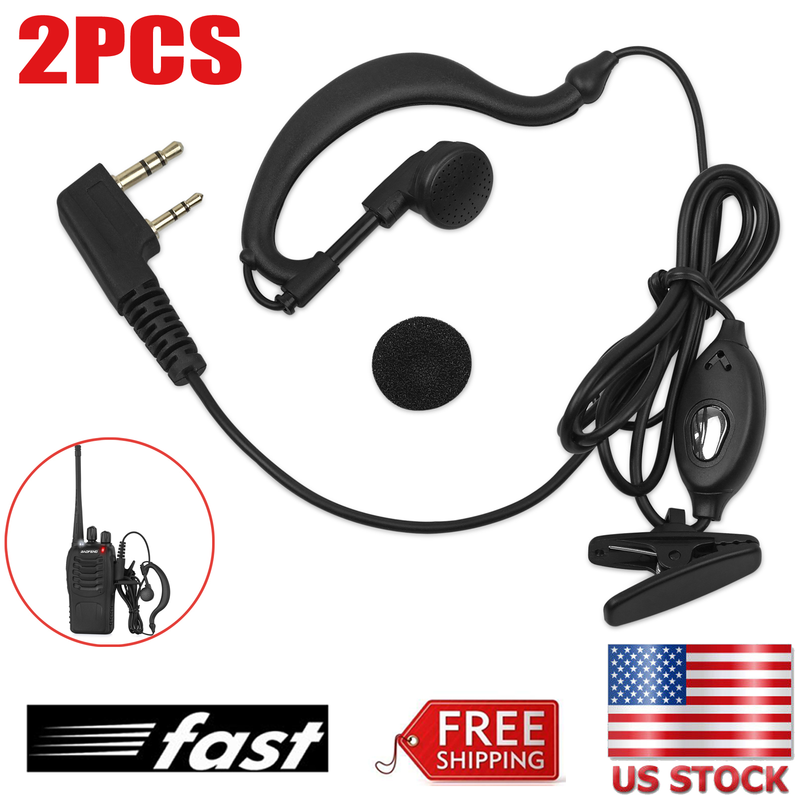 2PCS 100cm Headset//Earpiece Baofeng Radio 2Pin Walkie Talkie Headphone Ear Clip