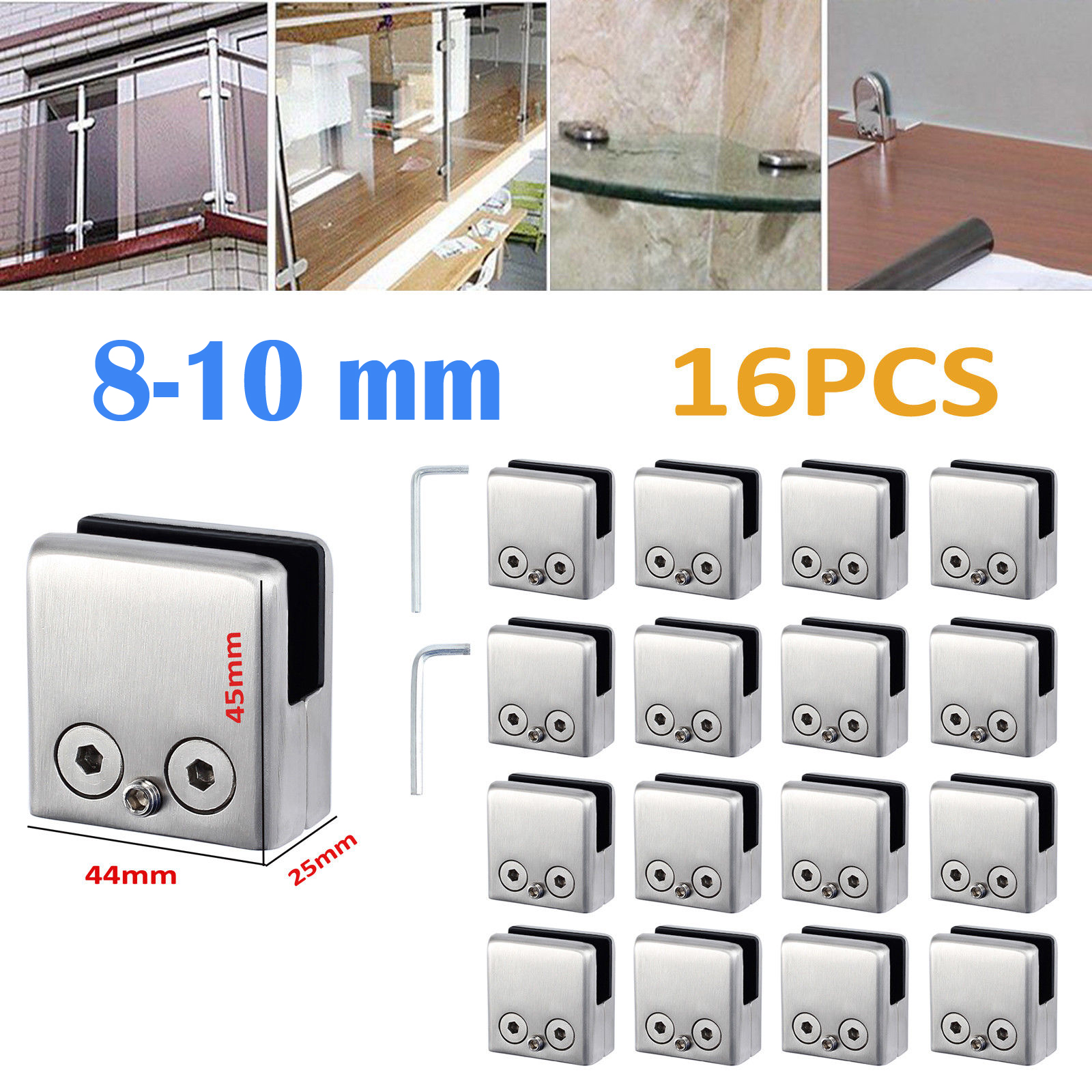 16pcs NEW Stainless Steel Holder Glass Clamp Bracket Balustrade for 8-10mm Glass