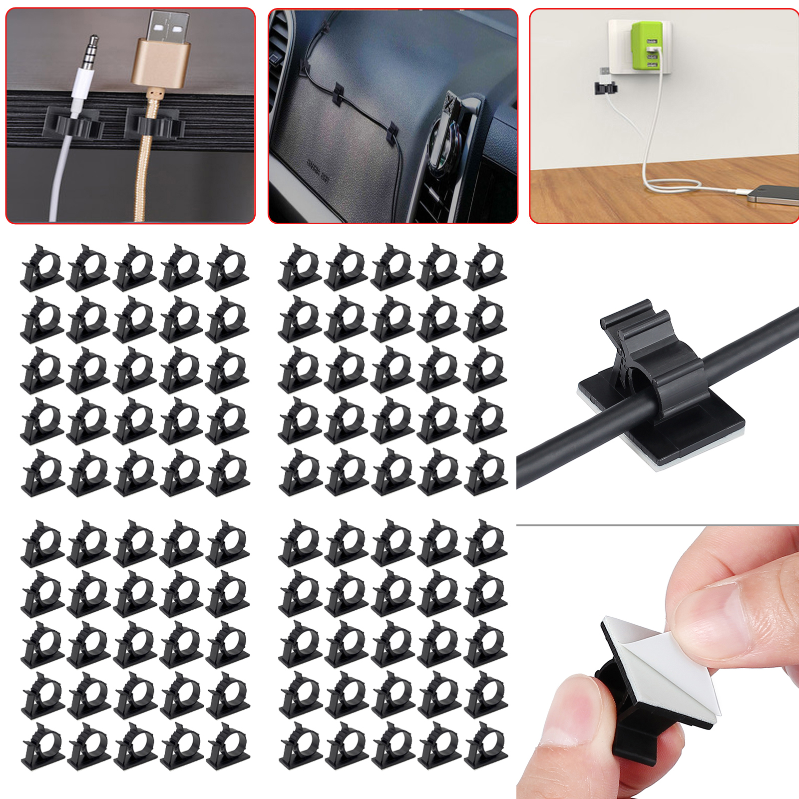100X Cable Clips Self-Adhesive Cord Management Black Wire Holder Organizer Clamp