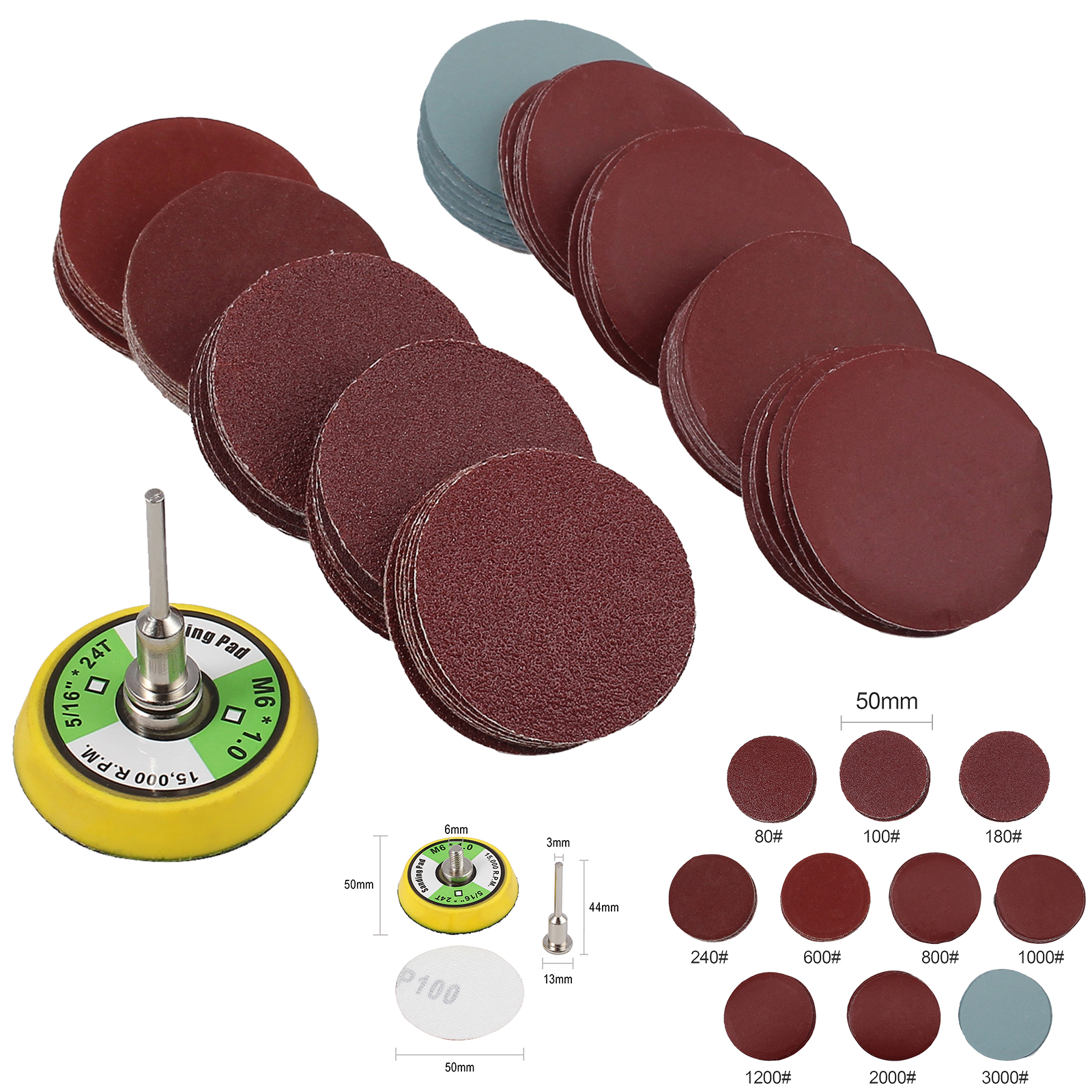 100pc 2"Sanding Disc Sand paper Hook Loop Sander+Backer Pad+M6 Drill
