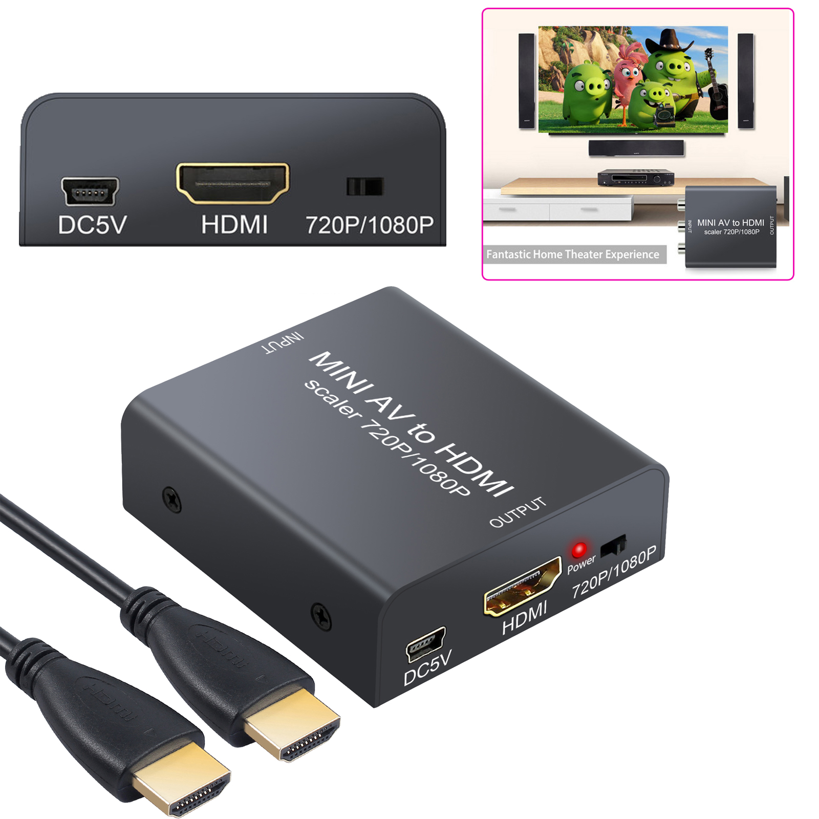 Mini Composite AV to HDMI Scaler Audio Video Adapter Converter with HDMI Cable