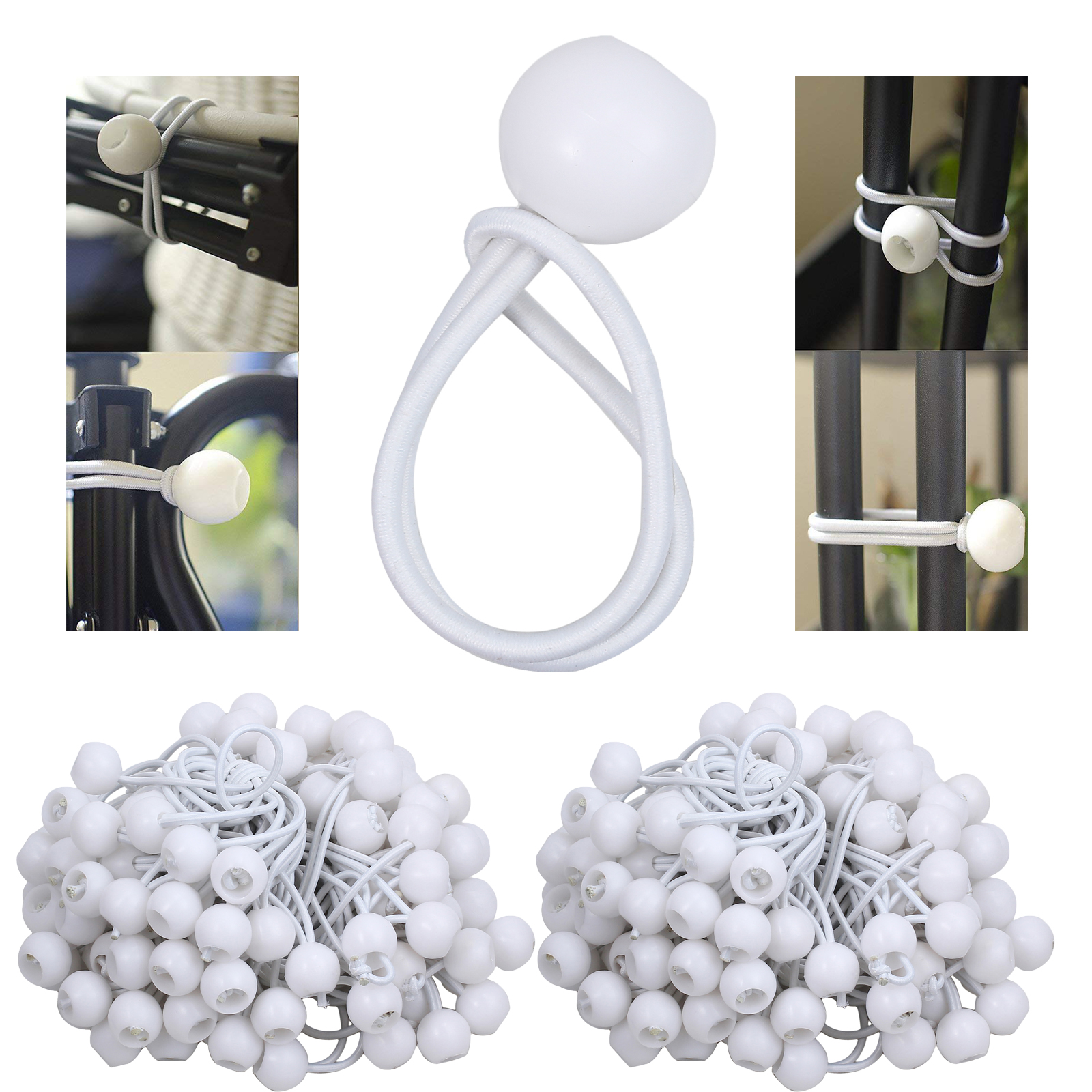 50 x White Ball Bungee Pack SHOCK ELASTIC TIE Loop Cord Fixing Securing