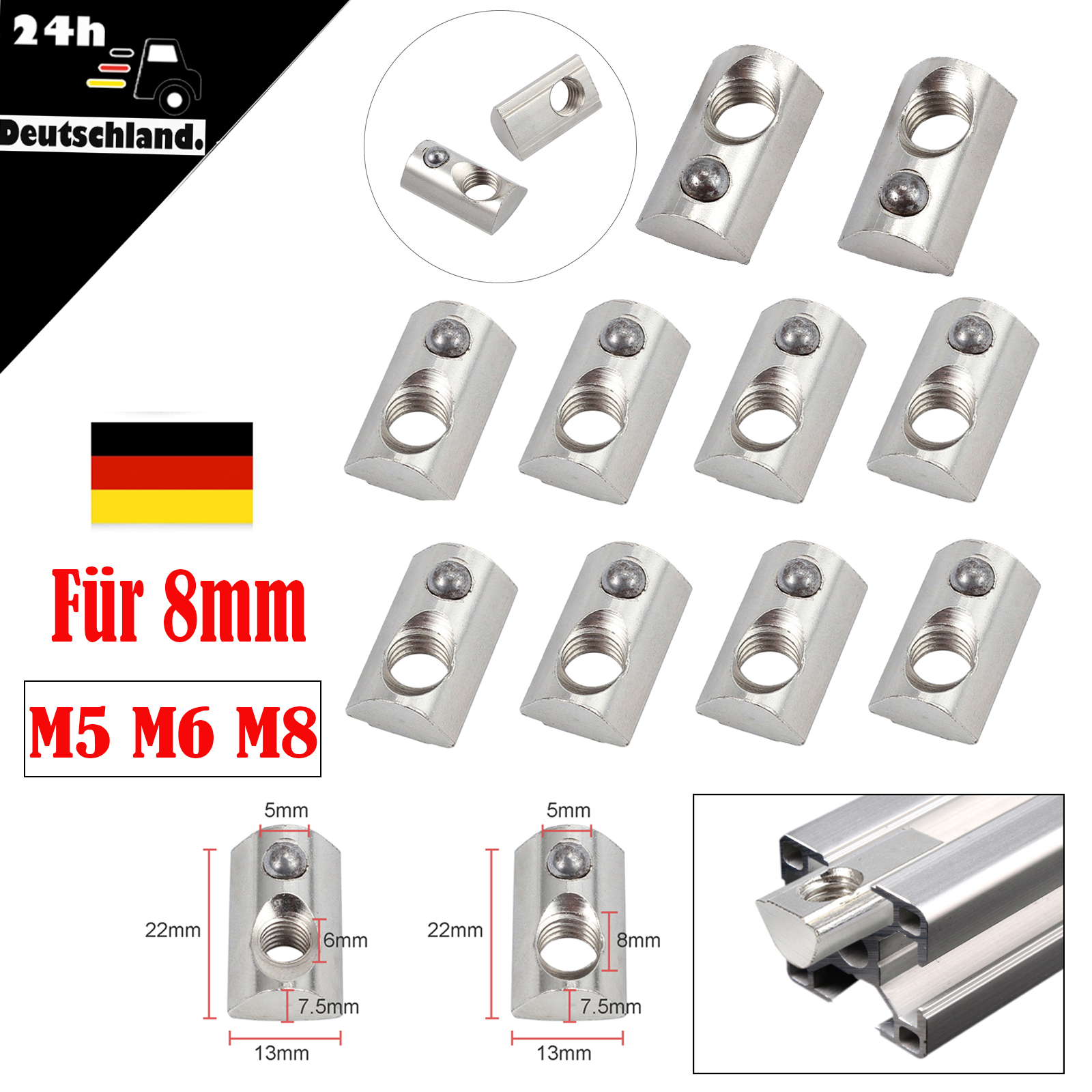 Schrauben M5 Kugelfeder NEU L0112 10x Nutensteine Nut 6 Profile mit Steg