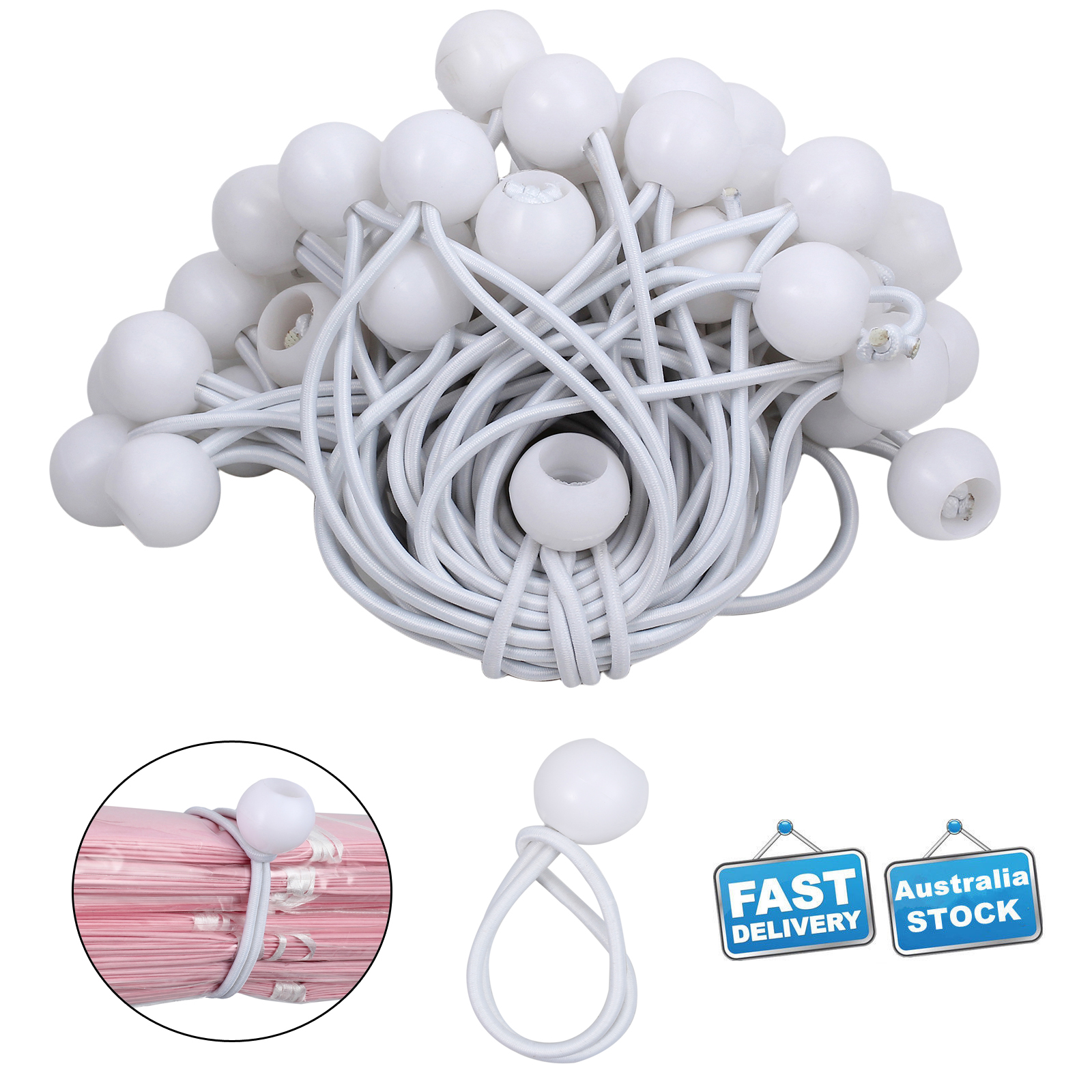 50 x Bungee Ball White Cords Shock Cord Loop Easy Fix Ties Tarp Trailer