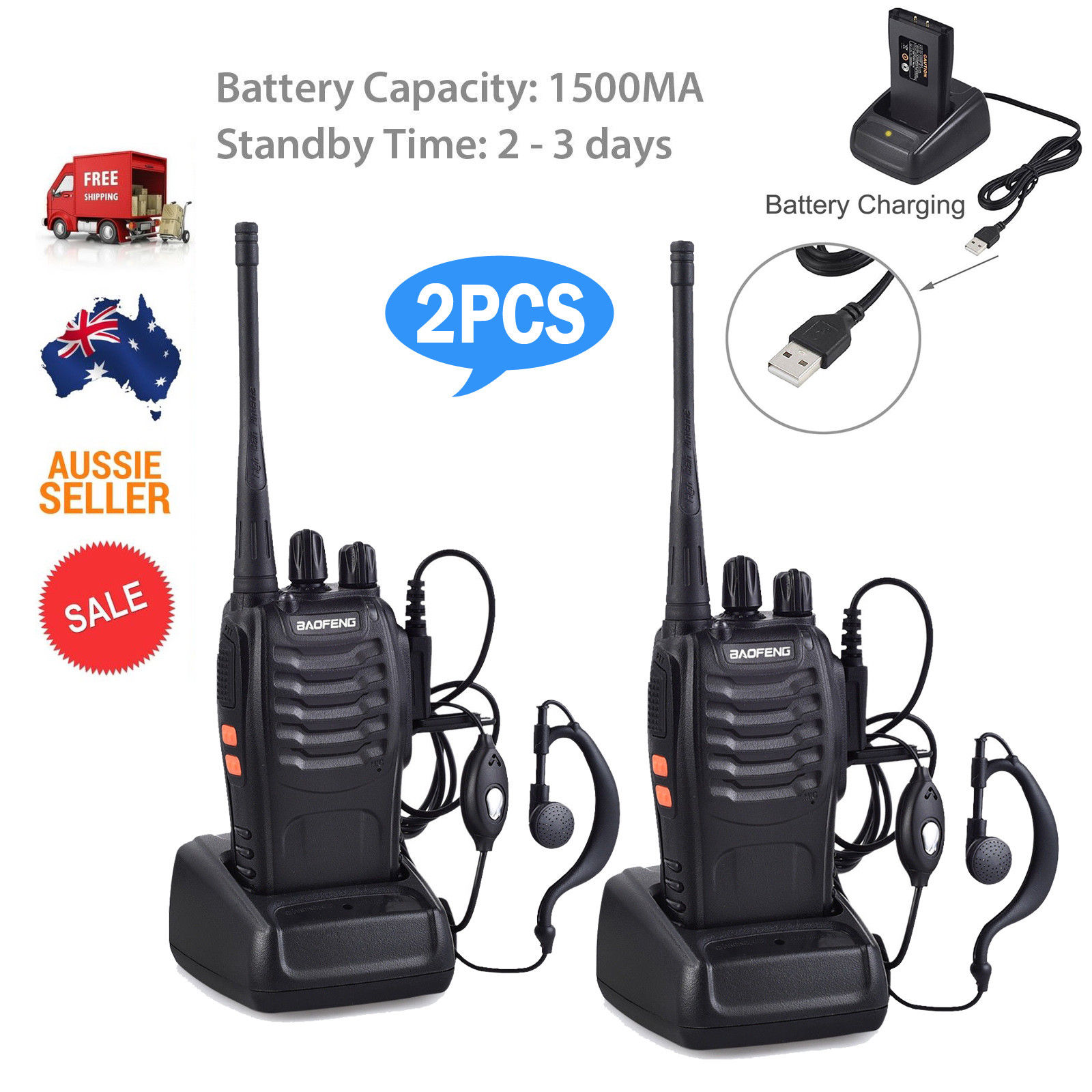 2x Walkie Talkie BF888S UHF 400470MHz 5W 16CH Portable TwoWay Radio