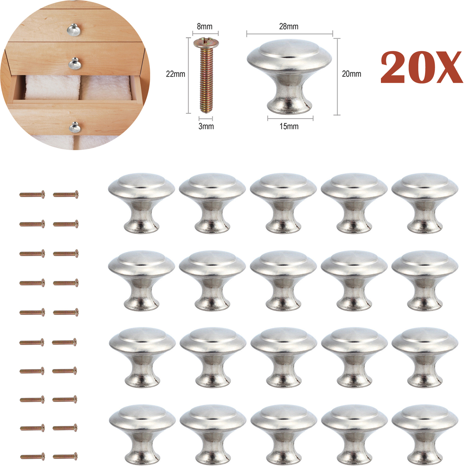 Details About 20x Door Knobs Handles Kit Brushed Satin Chrome Drawer Wardrobe Cupboard Cabinet