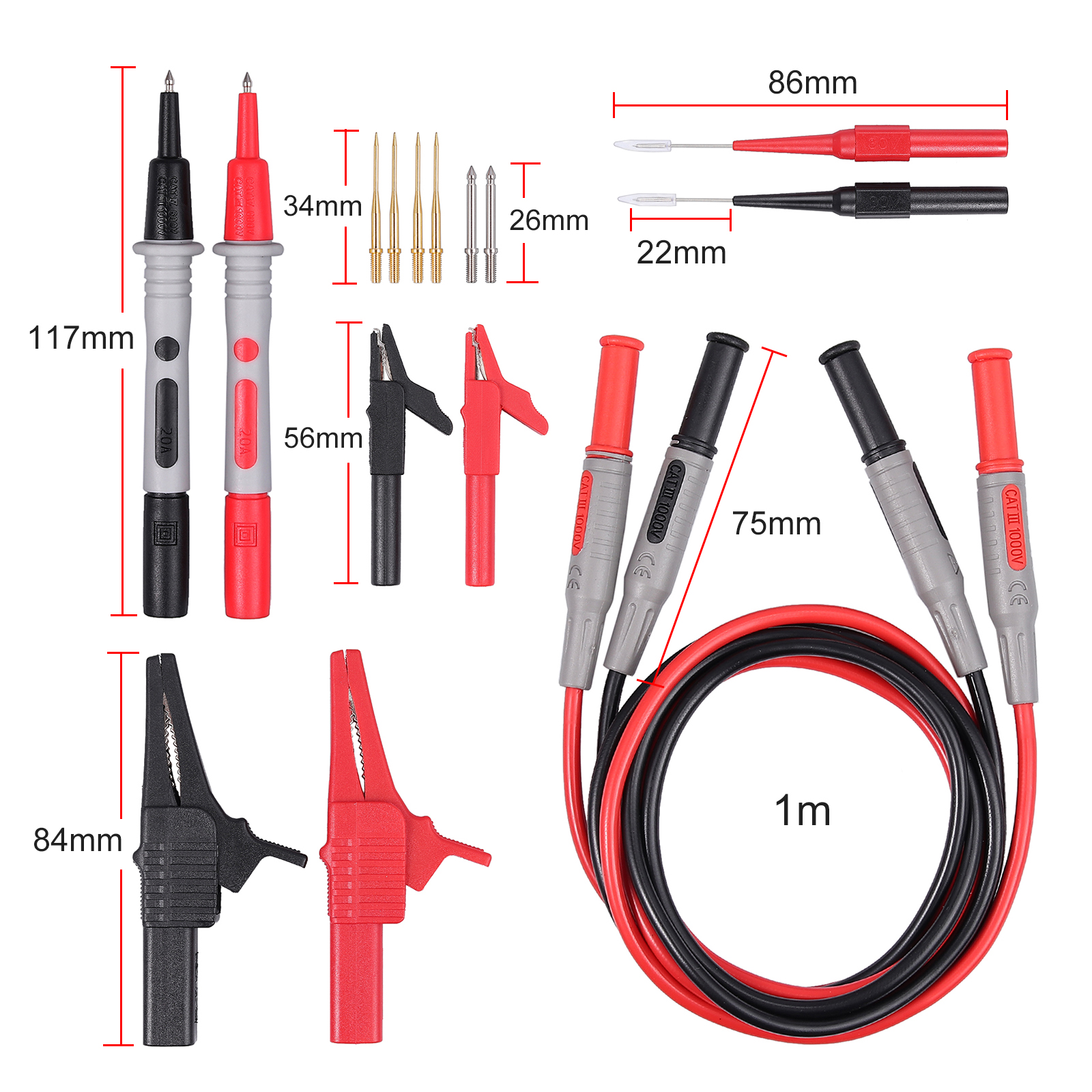 CAT III 1000V Multimeter Test Lead Probes Test Alligator Crocodile