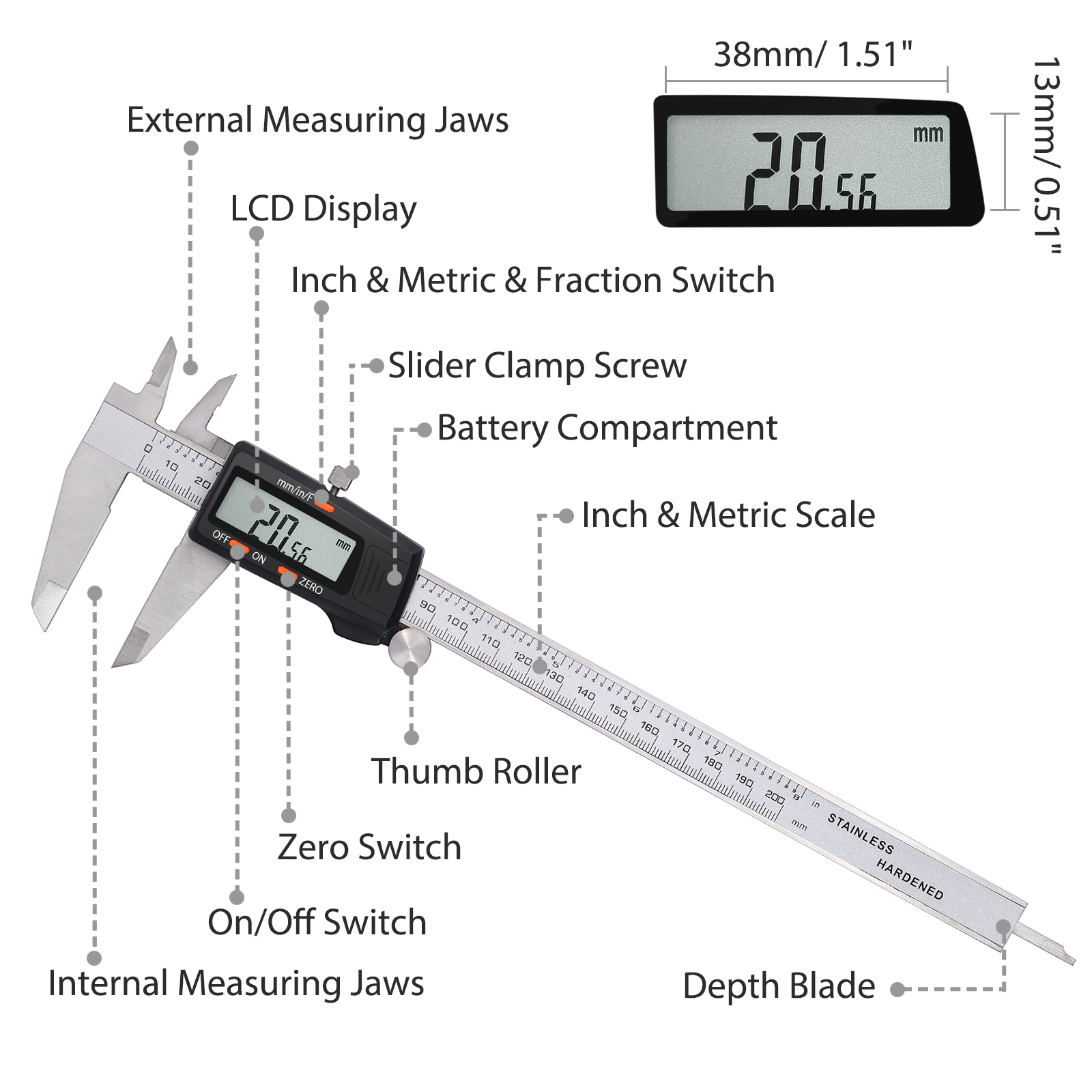 200mm Electronic Digital Vernier mm/ inch/ F Caliper Measurement