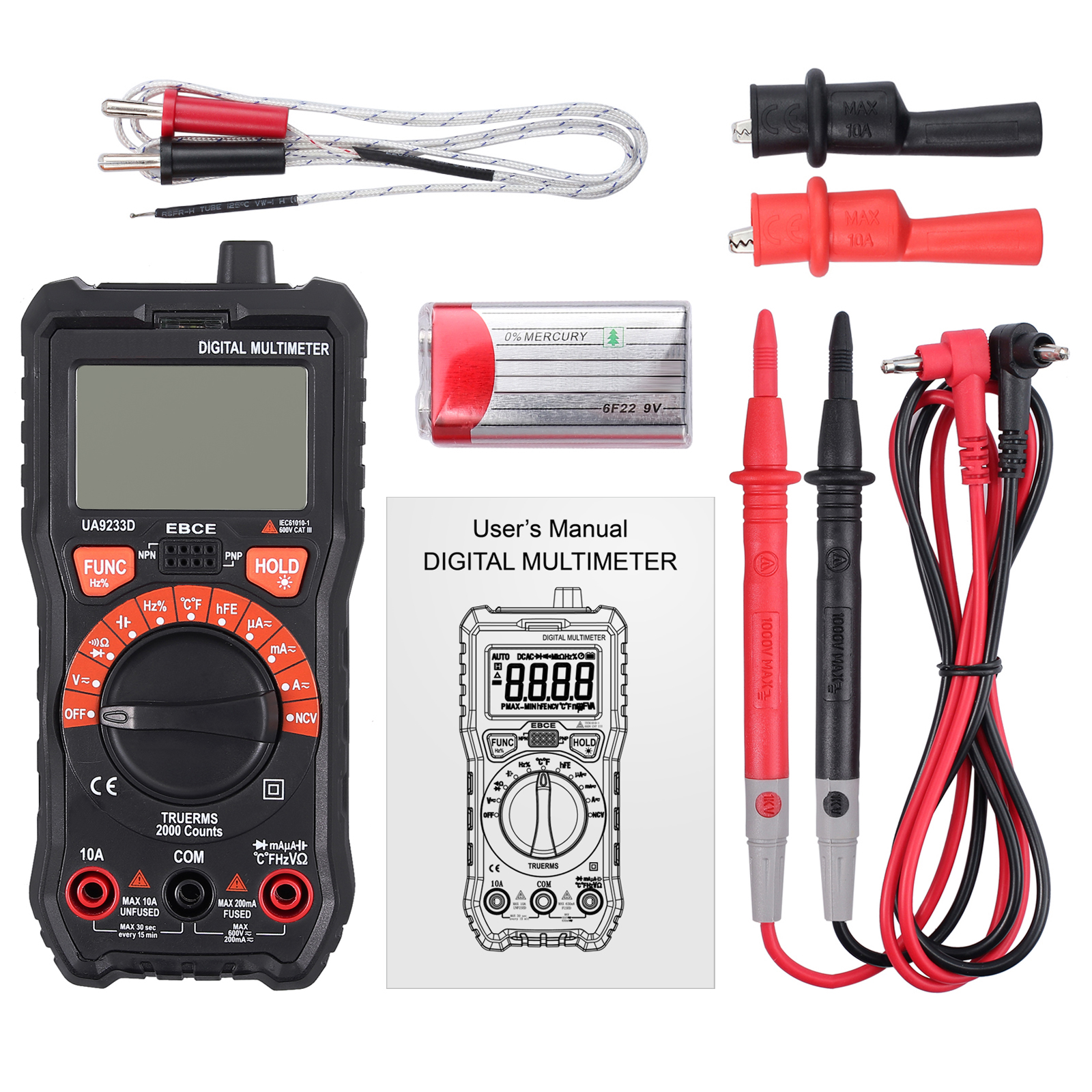 True RMS Digital Multimeter 2000 Counts NCV AC/DC Current Volt Auto ...