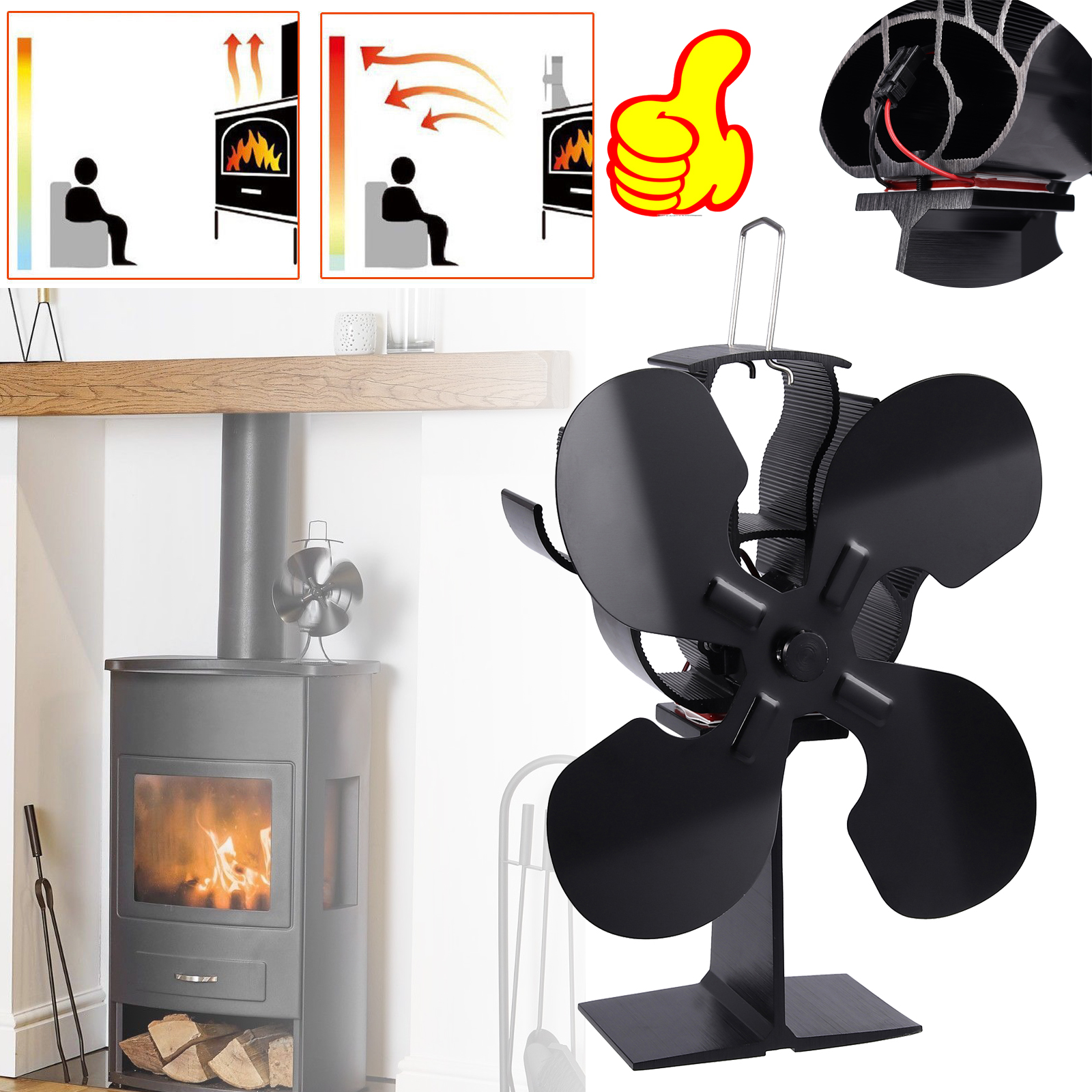 Home Furniture Diy 4 Blades Heat Powered Stove Top Fan For Log