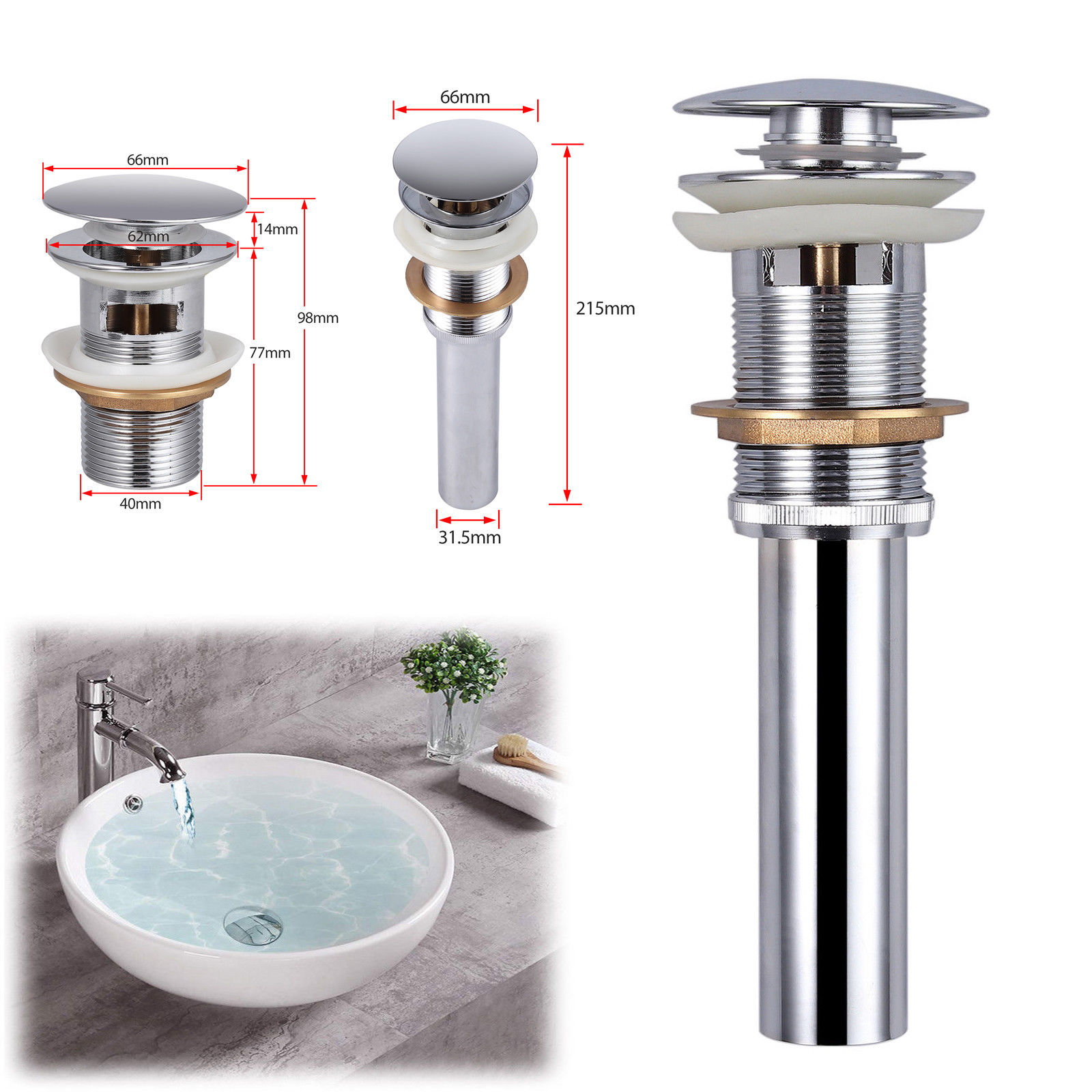 Details About New Drain Fitting Pop Up Drain Valve Sink Plug Washbasin Chrome Push Bathroom Au