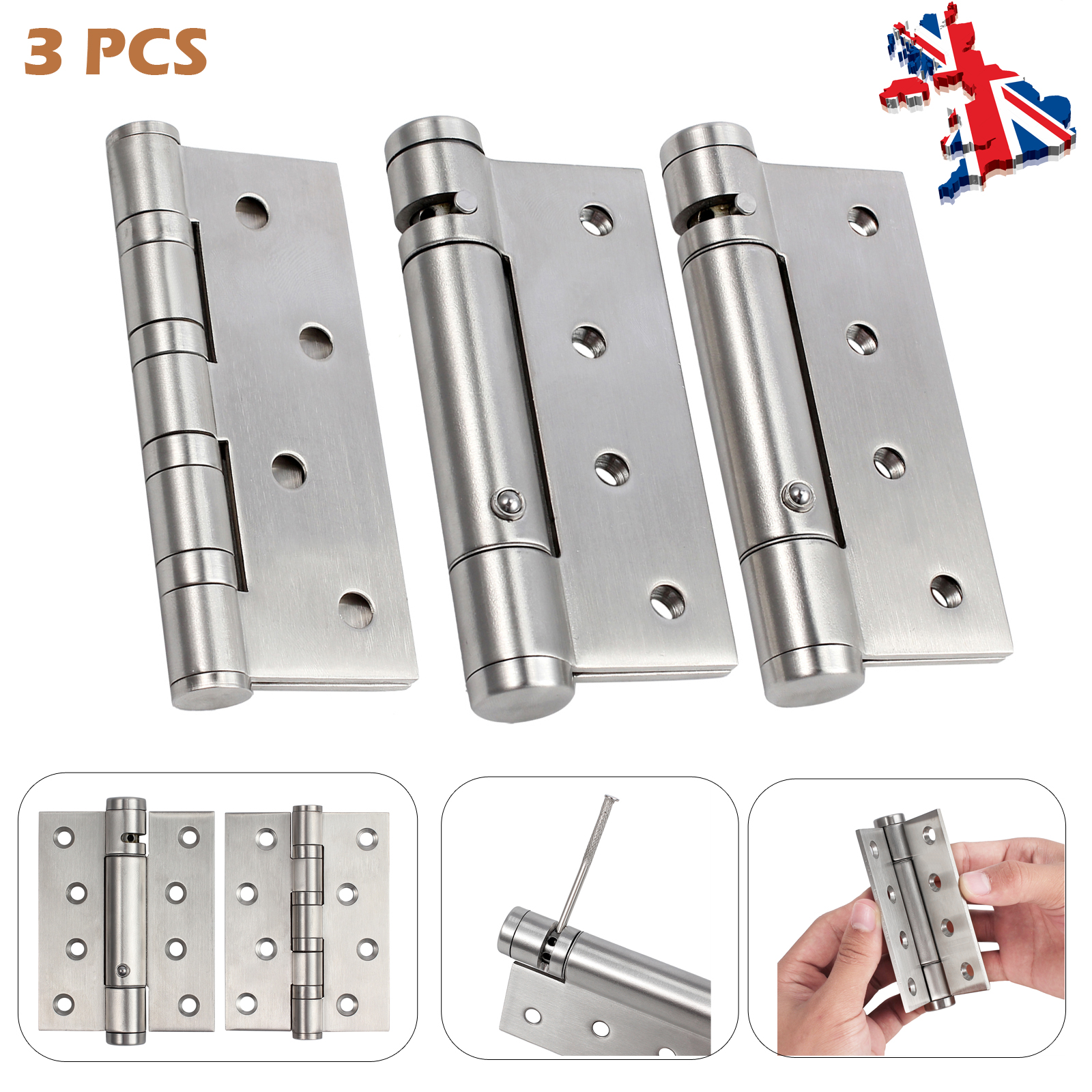 3 x DOOR HINGES FIRE RATED Self Closing Single Action Adjustable Spring CHROME