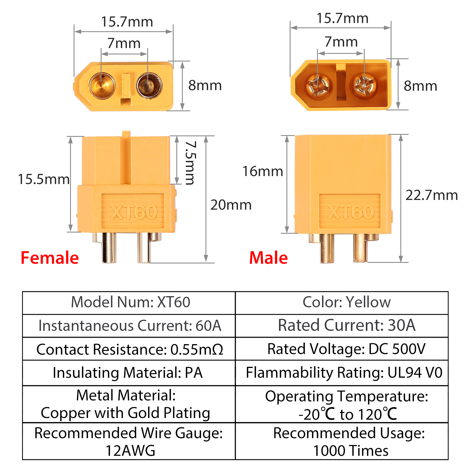 10pairs XT60 Power Plug Connectors for RC Lipo Battery with 20 pairs