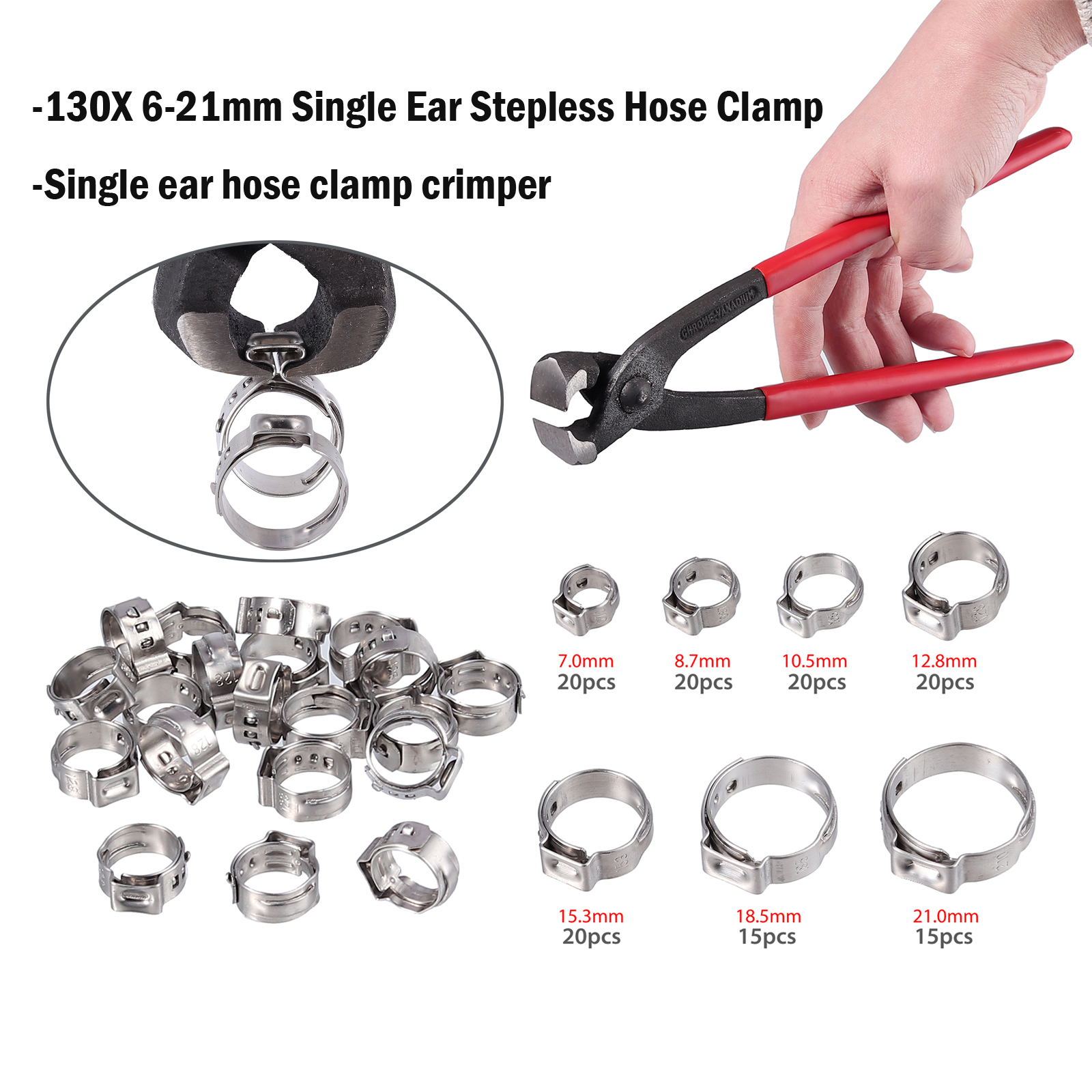 AUTOUTLET 130PCS Single Ear Stepless Hose Clamp 304 Stainless Steel+Pincer Crimper Pipes Kit