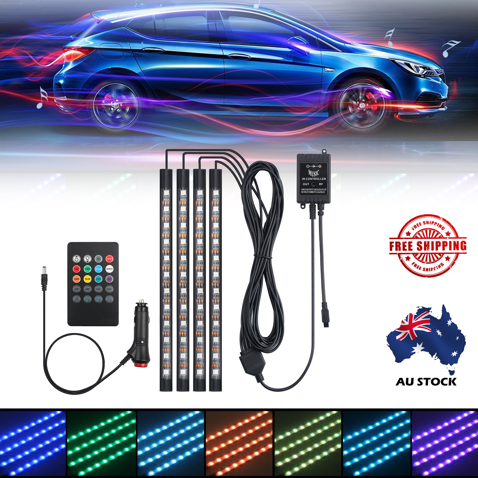 4Pcs 12V 12LED Car RGB LED Interior Strip Lights & Wireless Remote ...