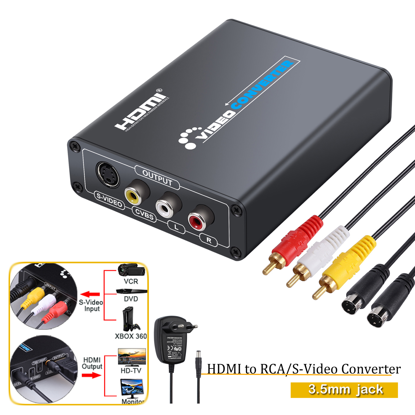 HDMI to 3RCA AV CVBS Composite /& S-Video R//L Audio Converter Adapter Upscaler