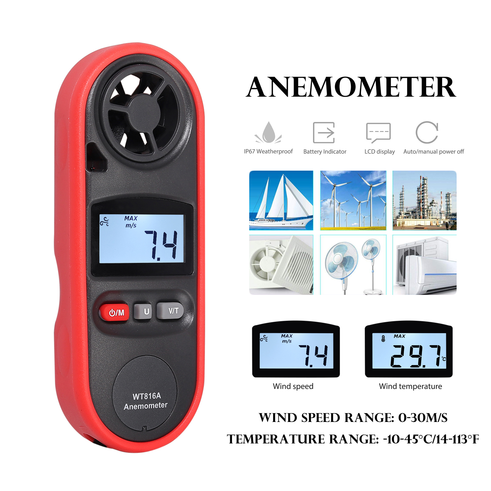 LCD-Handheld Digital Anemometer Wind Speed Meter Waterproof+6 Wind Speed Units
