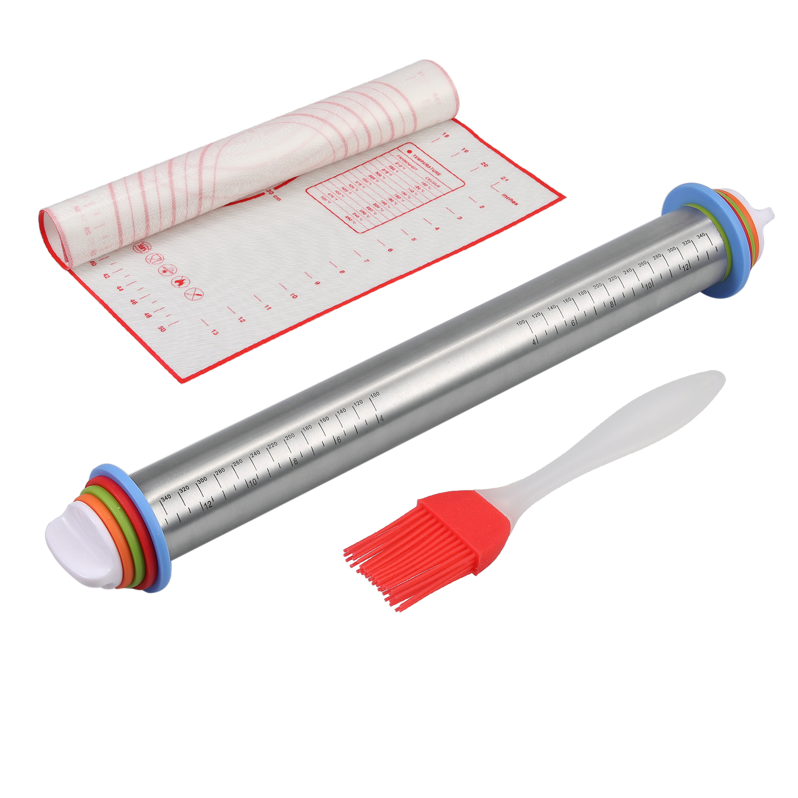 17" Adjustable Rolling Pin + NonStick Silicone Rolling Mat For Baking