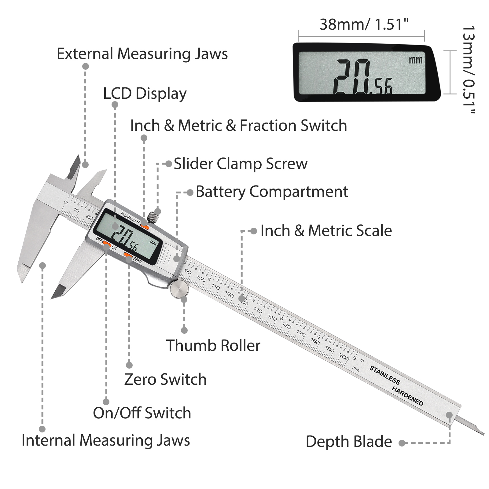 Fractional measurement 0.01mm 1/128" Digital Fastener Nut Caliper 0.0005"