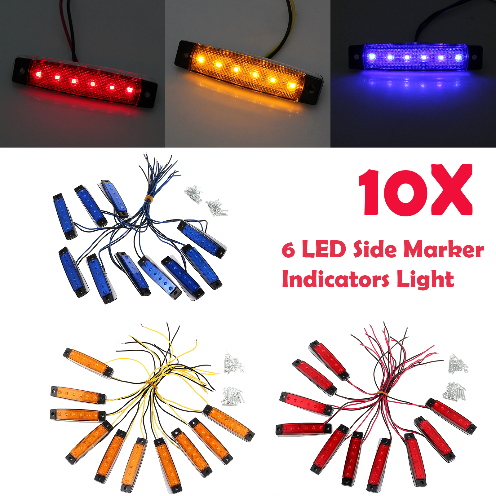 10x Red 6 LED Side Marker Indicators Lights for Car Truck Trailer Bus Lamp UK