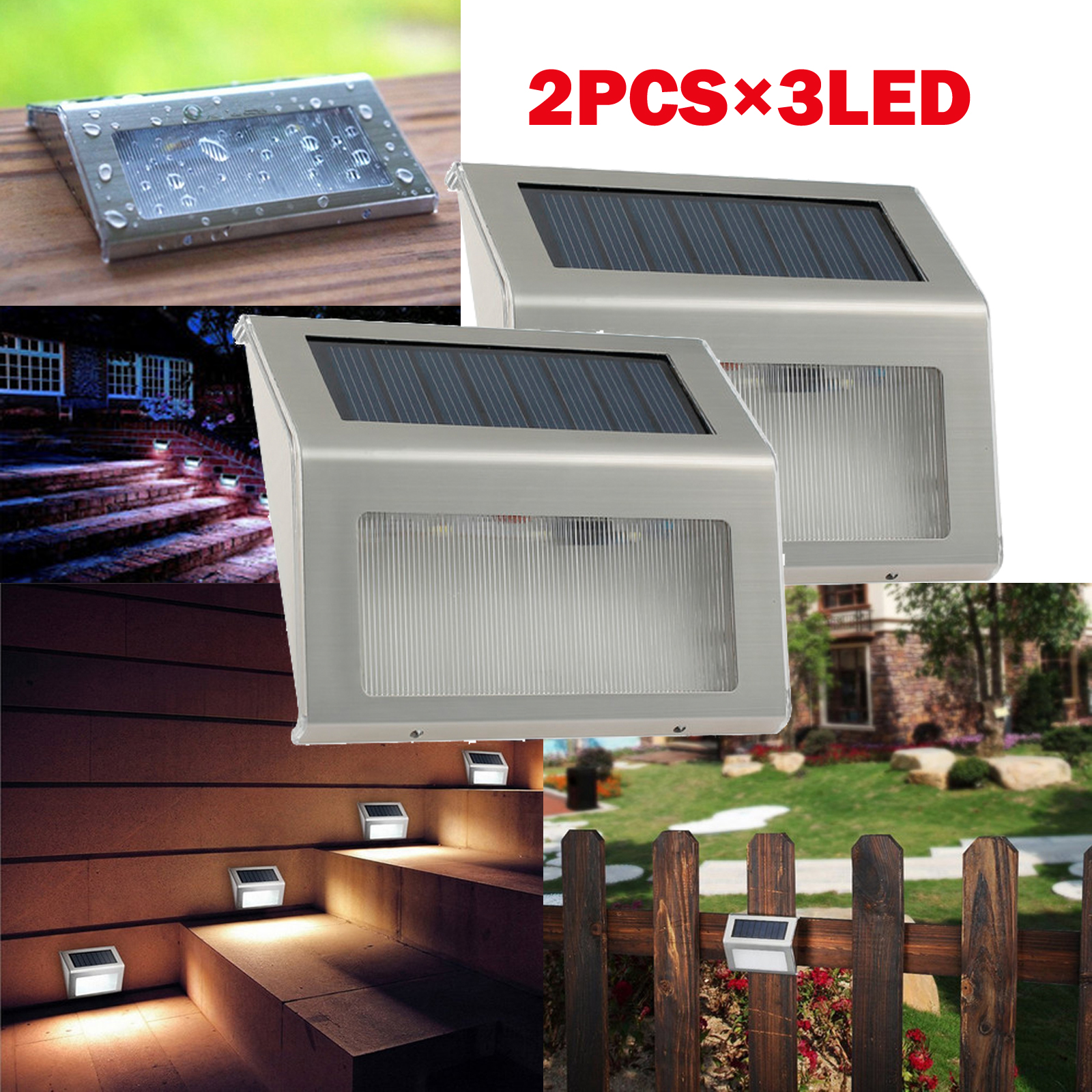 2PCS x 3 LED Solar Powered Pathway Lights Stainless Steel Path Step ...