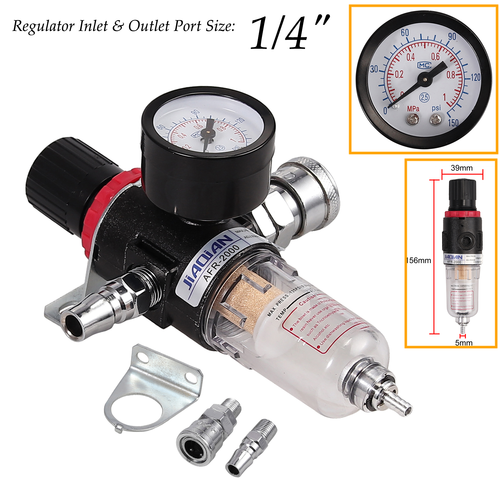Oil Water Regulator Tool Gauge Trap Oil Water Regulator Tools Kit Regulating Filter Air Pressure Regulator Lubricator Moisture Water Trap Oil-Water Separator for Compressor and Air Tools