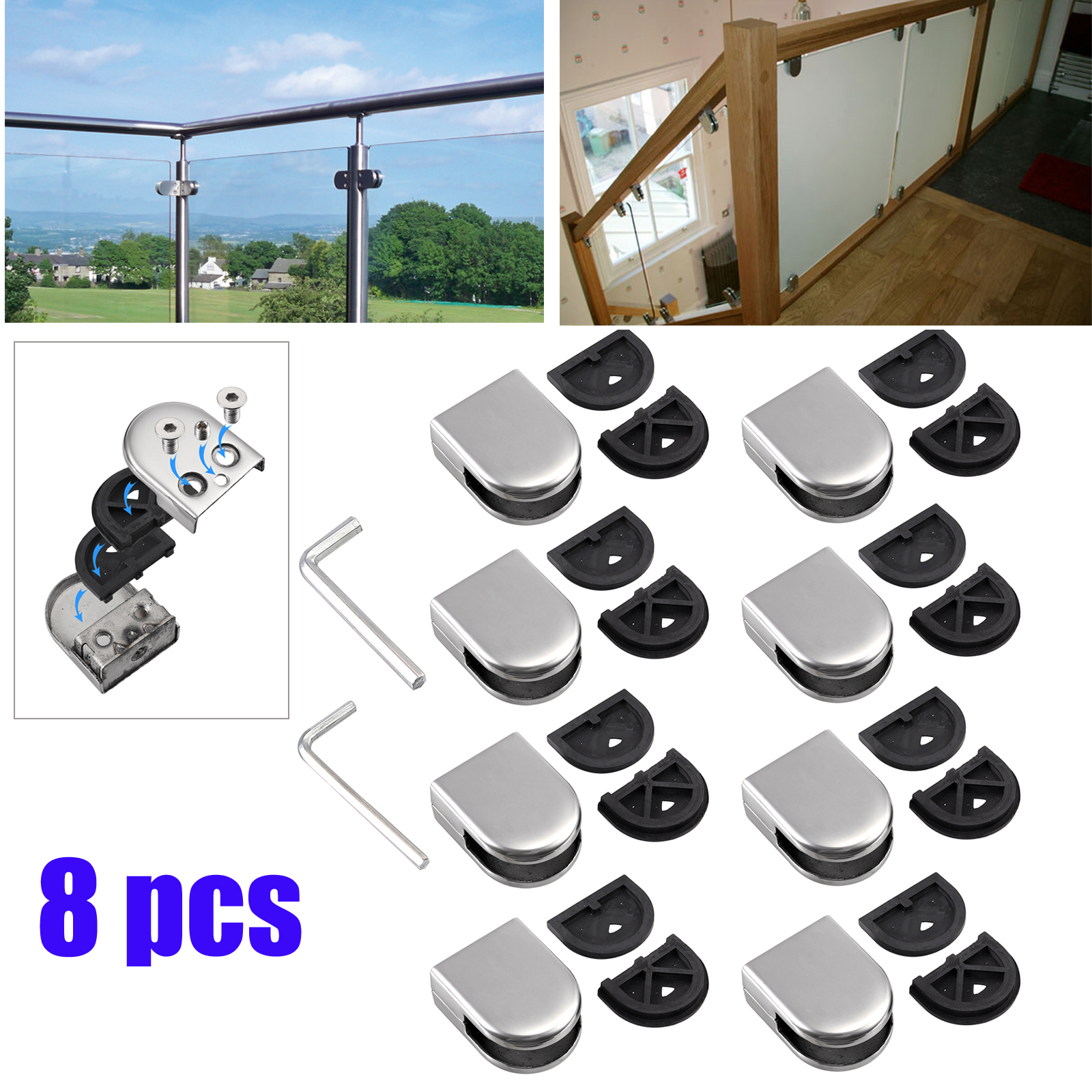 16pcs NEW Stainless Steel Holder Glass Clamp Bracket Balustrade for 8-10mm Glass