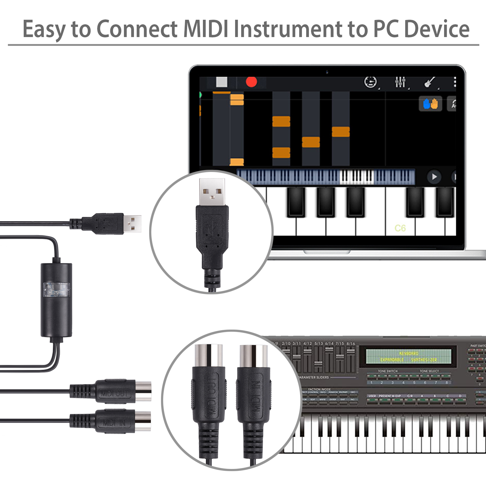 midi in and out cable