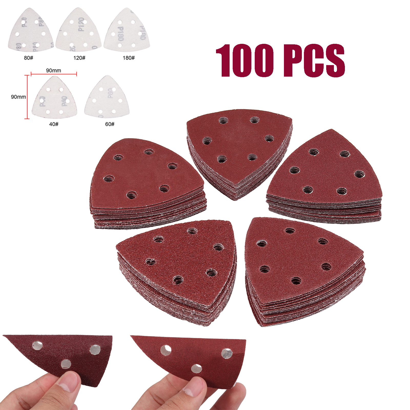 50pcs Sanding Sandpaper Triangle Sheets 90mm 6 Holes 60 Grit