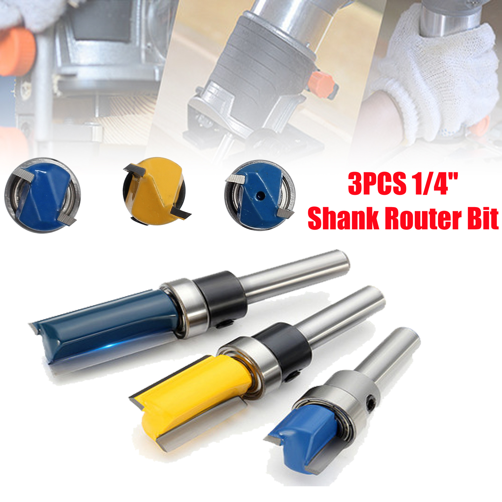 3PCS 1/4'' Shank Top Bearing Router Bit Set Flush Trim Pattern Milling