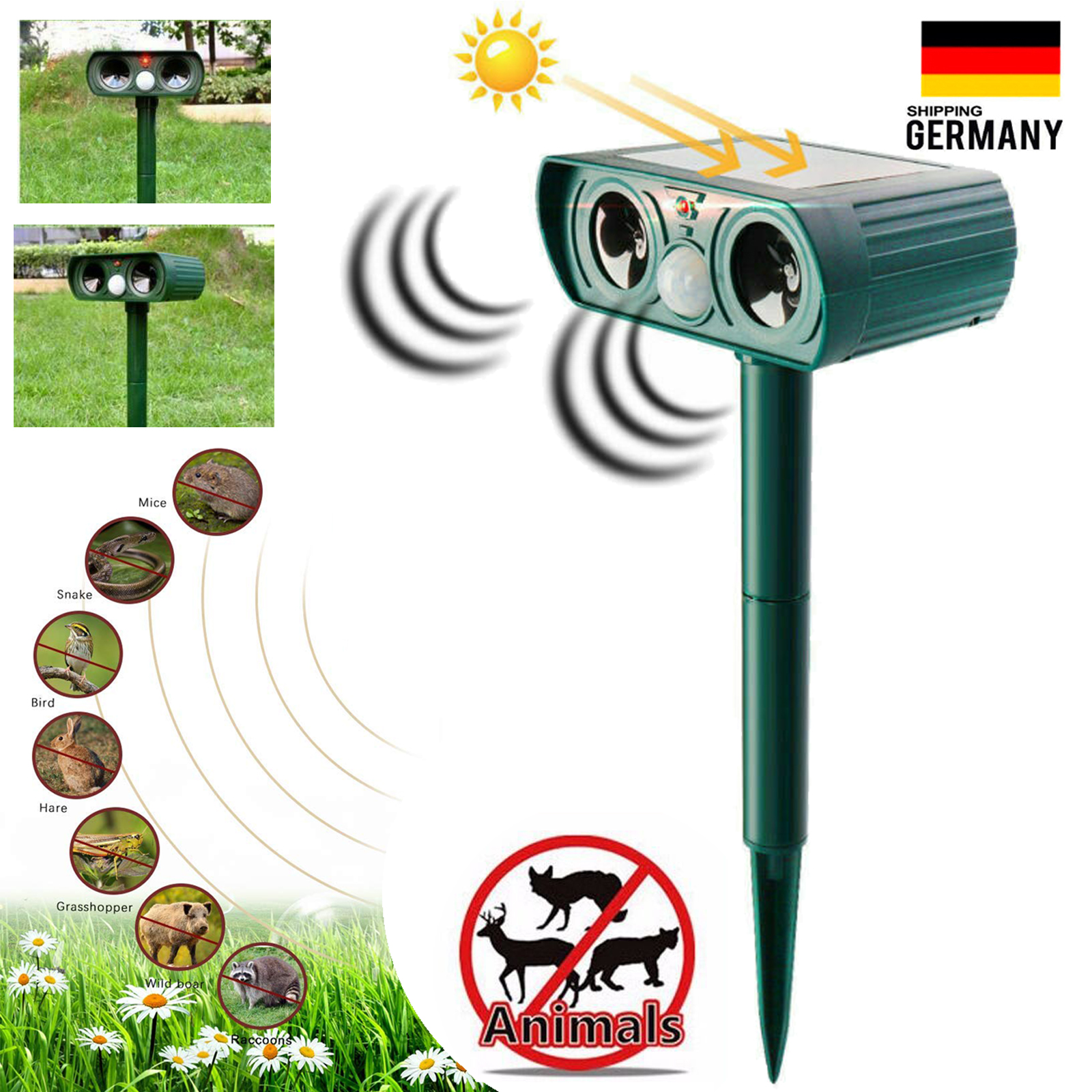 PIR Ultraschall Solar Tiervertreiber Animal Repeller Garten Nagetiere Abwehr DE