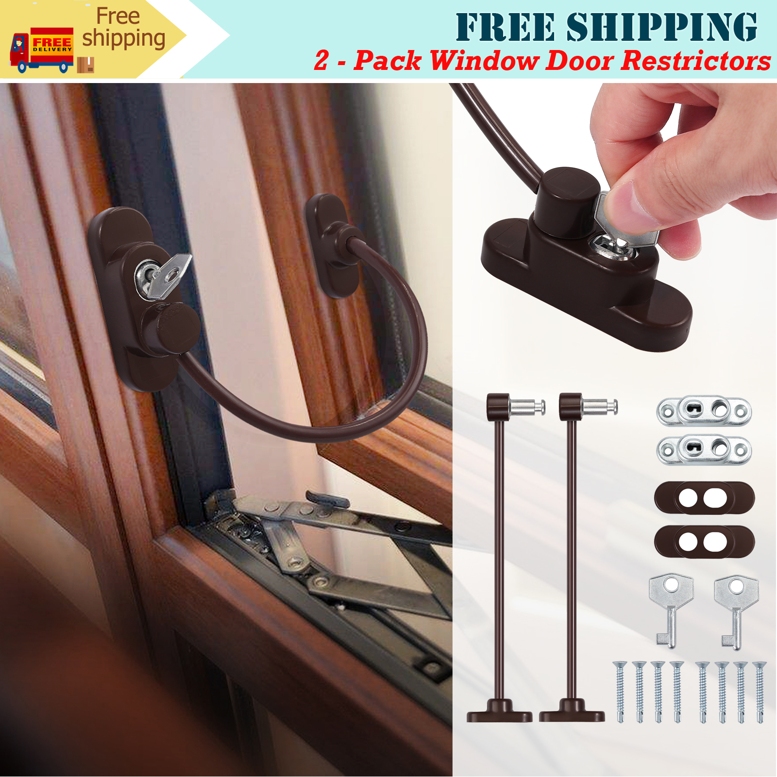 Home Security Window Door Restrictor Sash Jammer with Lock ComfoRED Brown