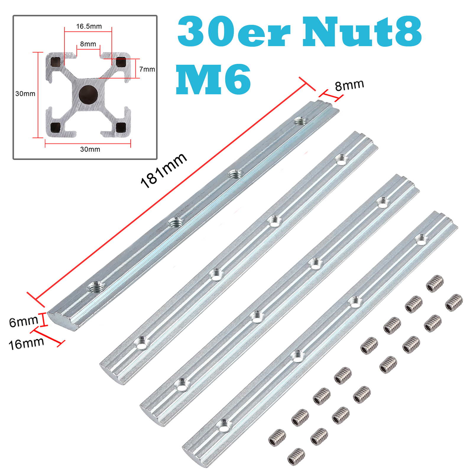 ALU M6 Streckenverbinder 180mm 30er Nut 8 Profilverbinder