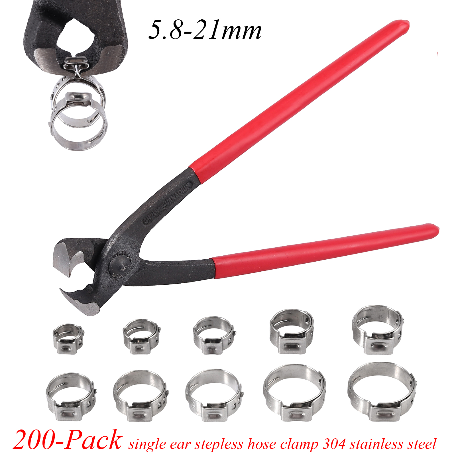 AUTOUTLET 130PCS Single Ear Stepless Hose Clamp 304 Stainless Steel+Pincer Crimper Pipes Kit