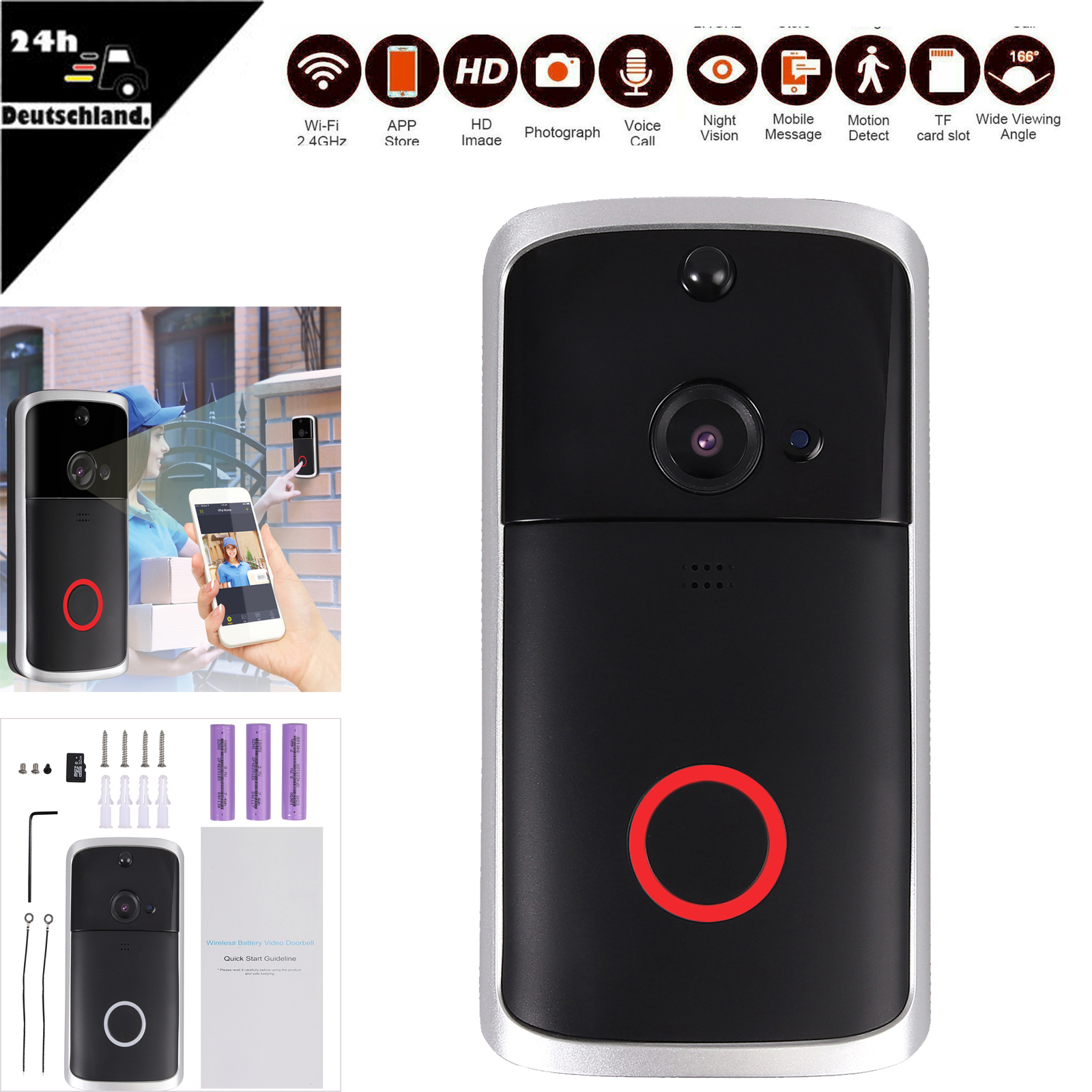 Video Doorbell Video Türklingel Funkklingel mit Kamera HD WLAN Nachtsicht