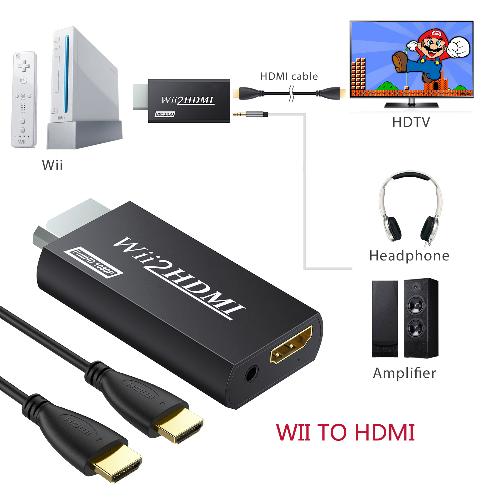 For Nintendo Wii to HDMI WII2HDMI Converter Adapter 3.5mm Audio Video