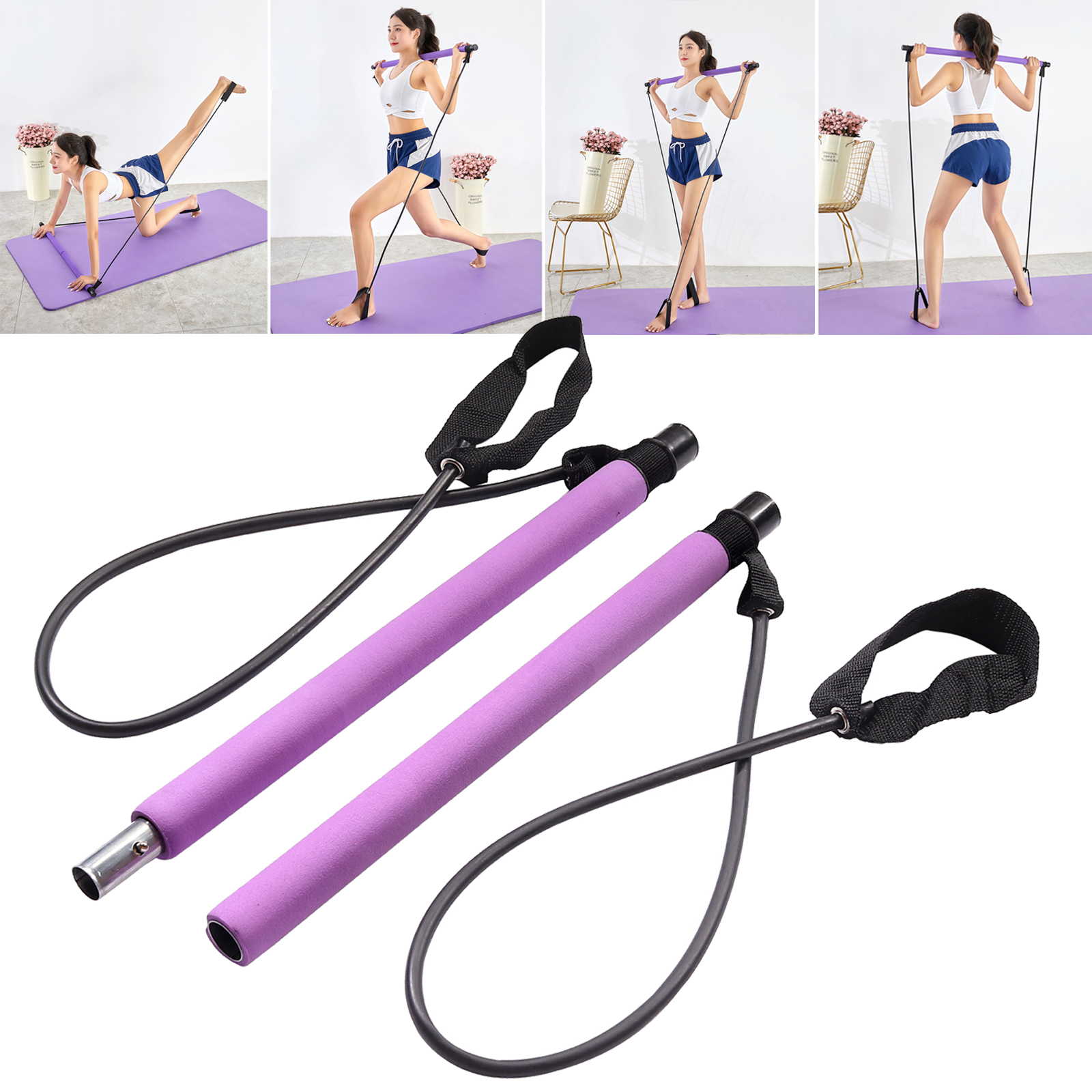 Pilates Bar Resistance Band Adjustable Exercise Stick Yoga Toning Gym Portable