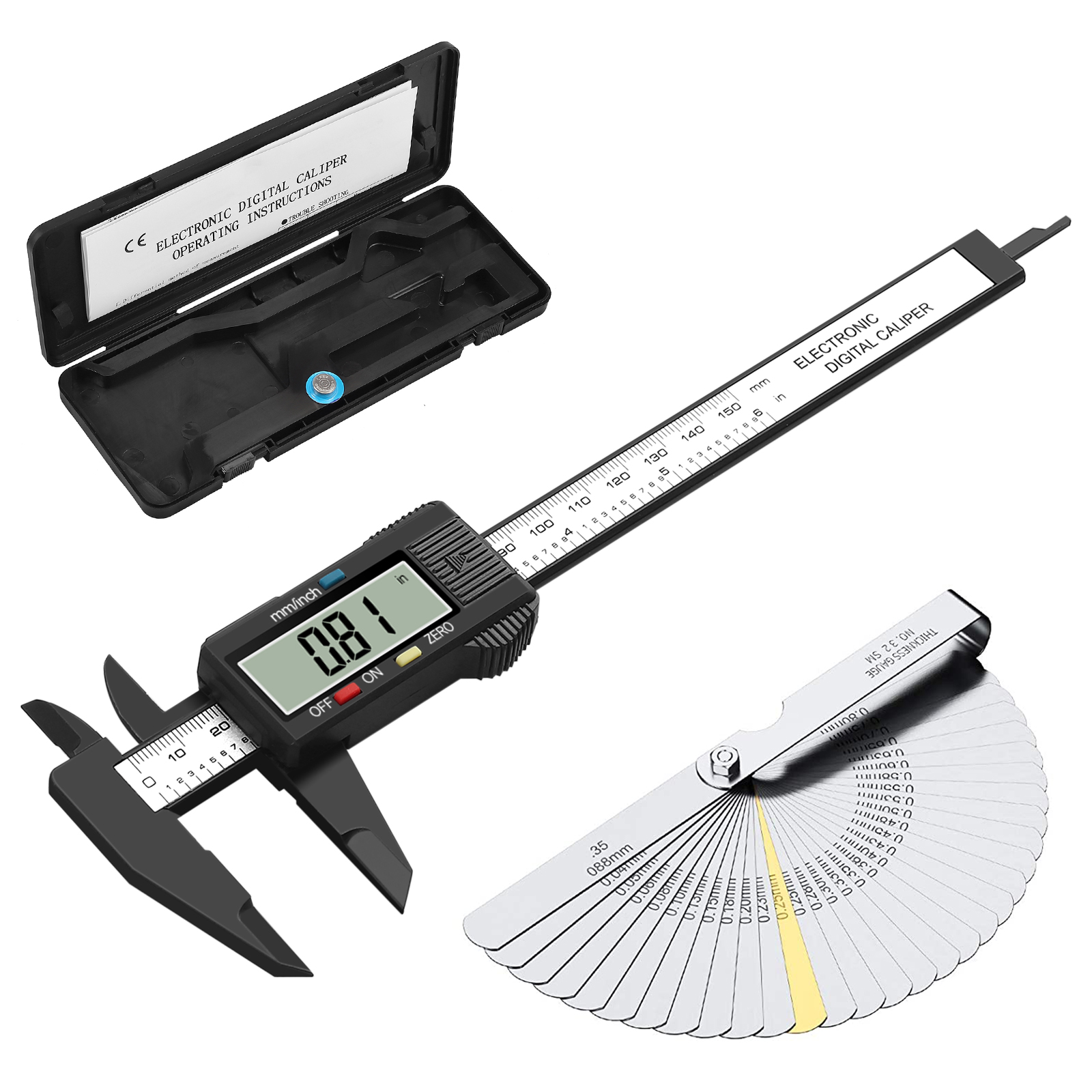 Digital Vernier Caliper+Feeler Gauge 6/"Stainless Steel Electronic Measuring Tool