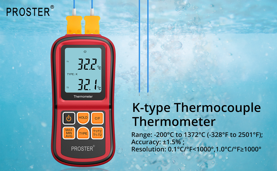 Proster Digital Thermocouple Temperature Thermometer Dual Channel K Type Thermometer Tester LCD Backlight with Two K-Type Thermocouple Probe for K/j/t