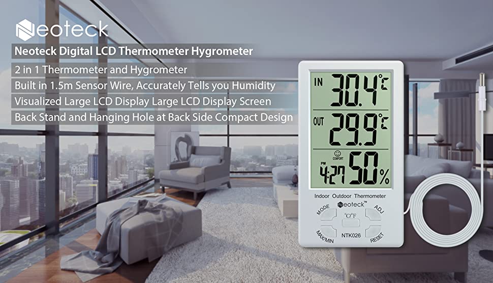 Neoteck 3 in 1 Thermometer Hygrometer with Clock Large LCD Display, Digital  Humidity Temperature Meter 1.5m Sensor Wire for Indoor Outdoor Use