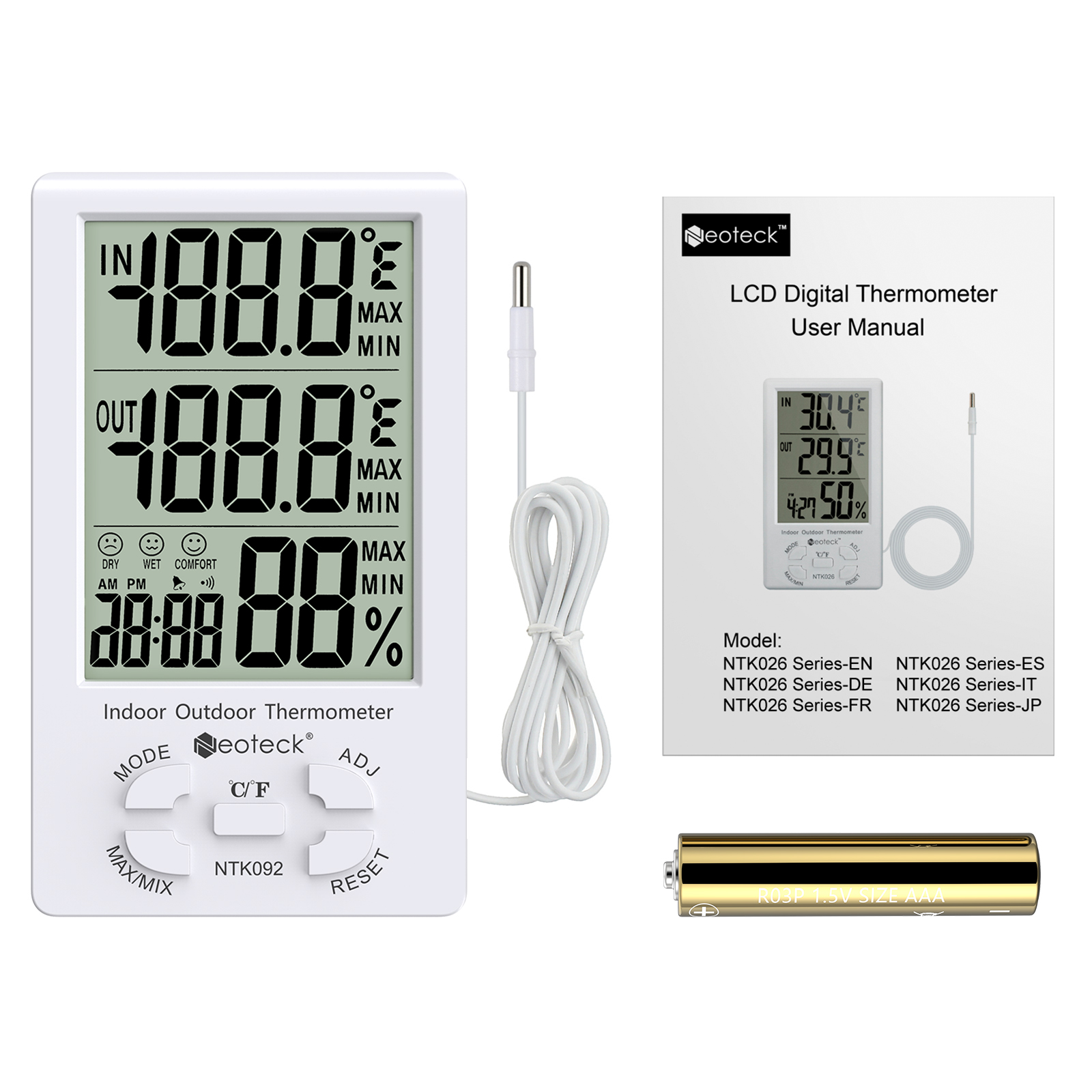 Neoteck 3 in 1 Thermometer Hygrometer with Clock Large LCD Display, Digital  Humidity Temperature Meter 1.5m Sensor Wire for Indoor Outdoor Use