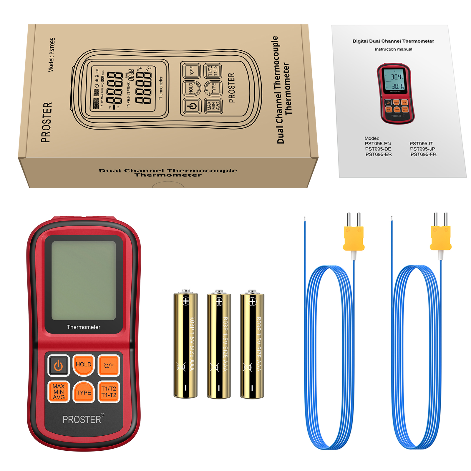 Proster Digital Thermocouple Temperature Thermometer Dual Channel K Type Thermometer Tester LCD Backlight with Two K-Type Thermocouple Probe for K/j/t